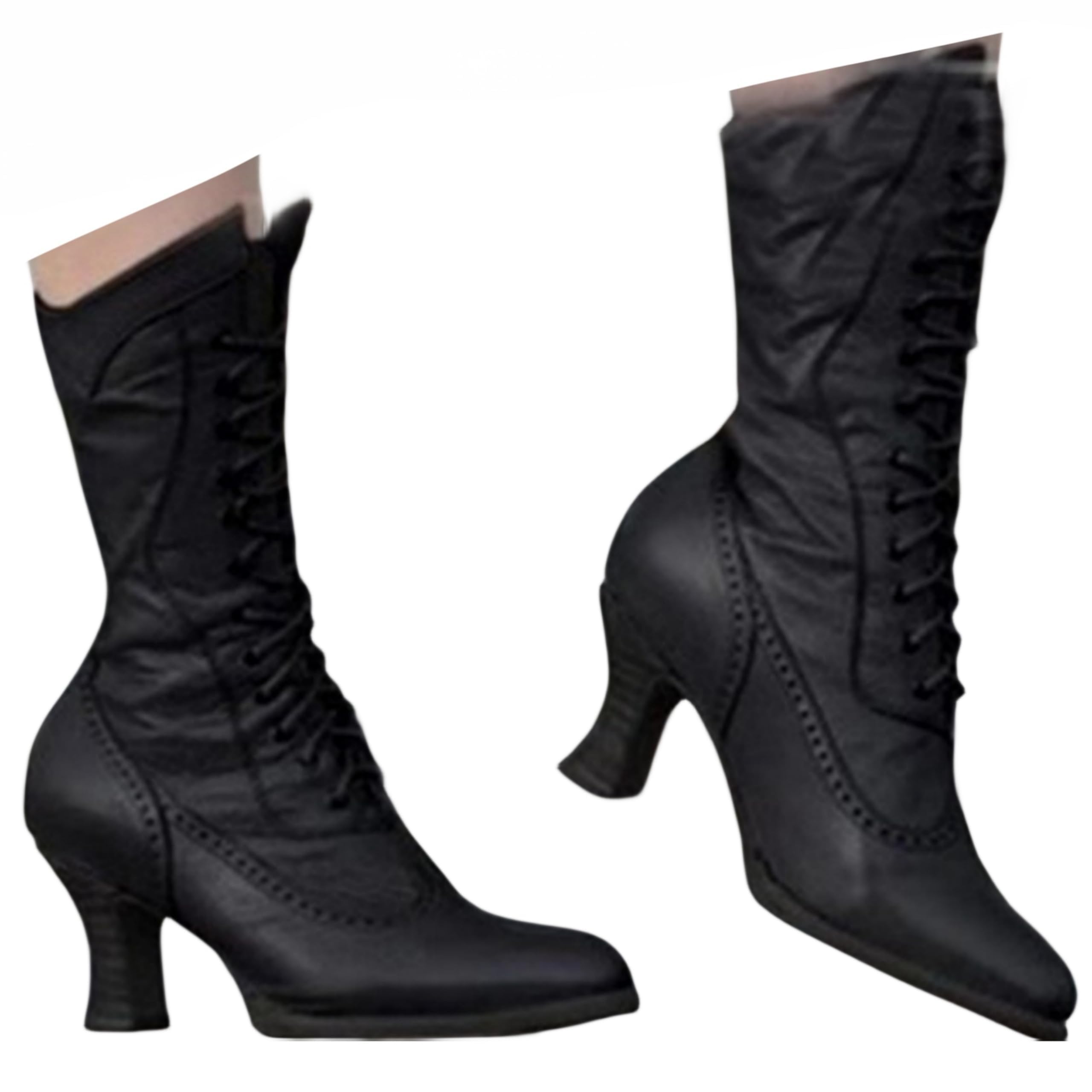 Victorian Boots for Women Vintage 70s Lace up Ankle Mid Heel Witch Granny Booties Side Zipper Almond Toe