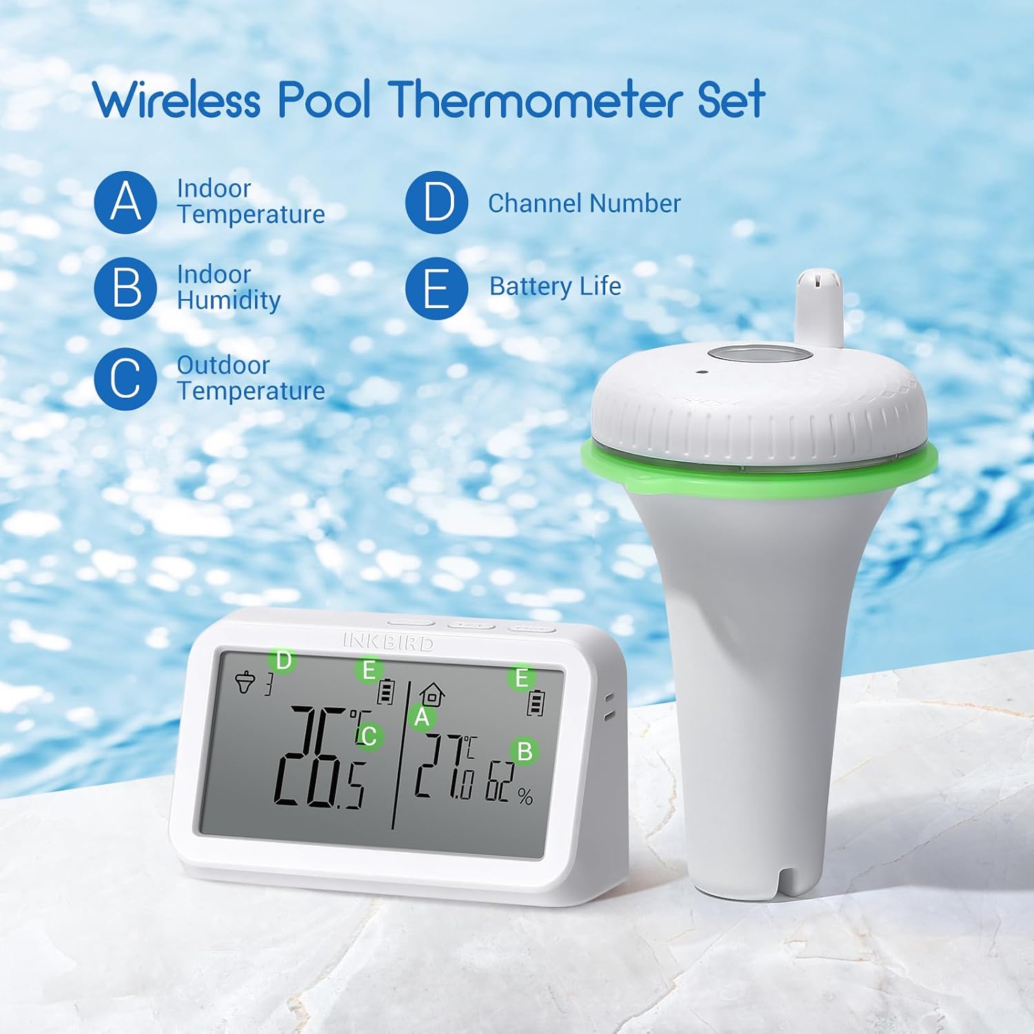 INKBIRD IBS-P02R Floating Wireless Thermometer Set with Indoor Temperature Humidity Monitor, IPX7 Waterproof, for Swimming Pools, Hot Tubs, Small Ponds, Aquariums image 3