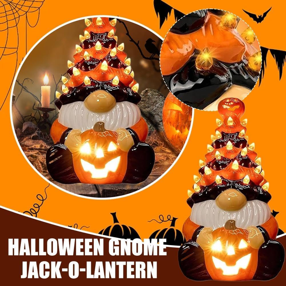 Lighted Halloween Gnomes Decorations,Lifelike Gnome Ornament with Warm Lights,8.6inch Faceless Old Man Ceramic Pumpkin Tree Figurine for Halloween Thanksgiving Tabletop Fireplace Decor