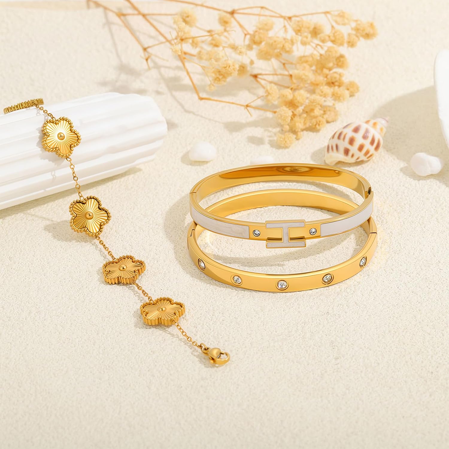 Gold Clover Bracelets for Women - 18K Gold Plated Stainless Steel Dainty H Bangle Bracelets| Daily & Party Wear Jewelry, Easter Christmas Mothers Day Gifts - Image 6