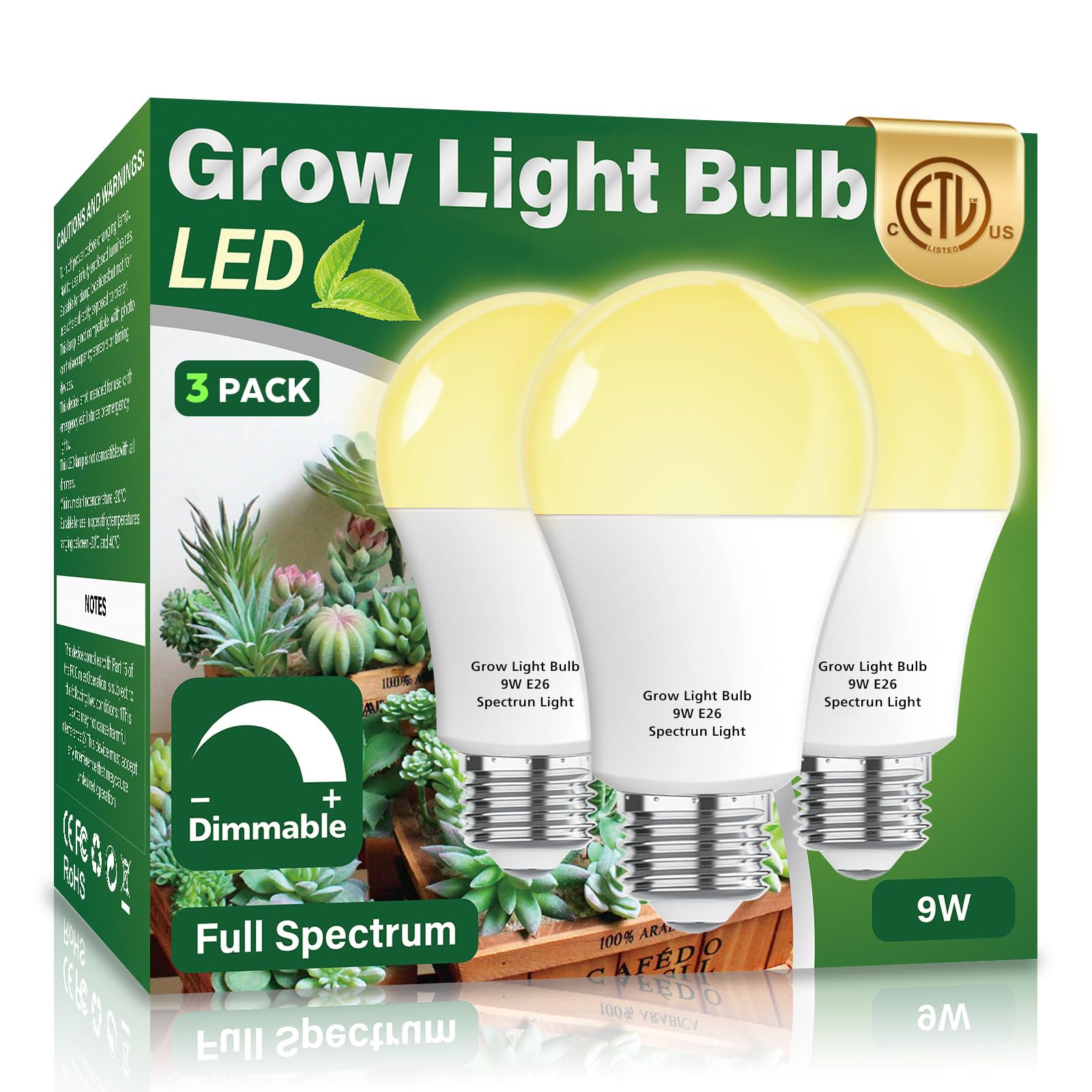 Wiyifada 3 Pack Full Spectrum Grow Light Bulbs,A19 Grow Lights for Indoor Plants,Dimmable E26 9W Grow Bulb Replace up to 100W,Plant Lights for Indoor Growing,Flowers,Greenhouse,Indore
