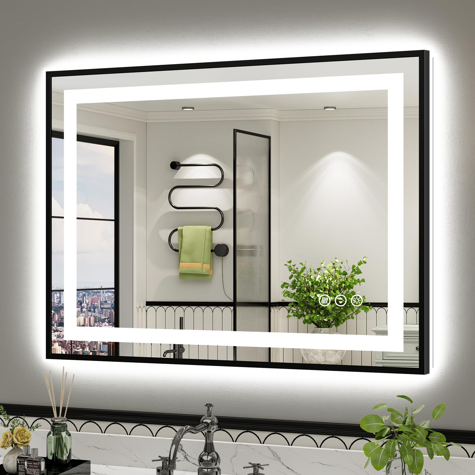 40x30 Inch LED Bathroom Mirror with Black Frame, Backlit &amp; Front Lit