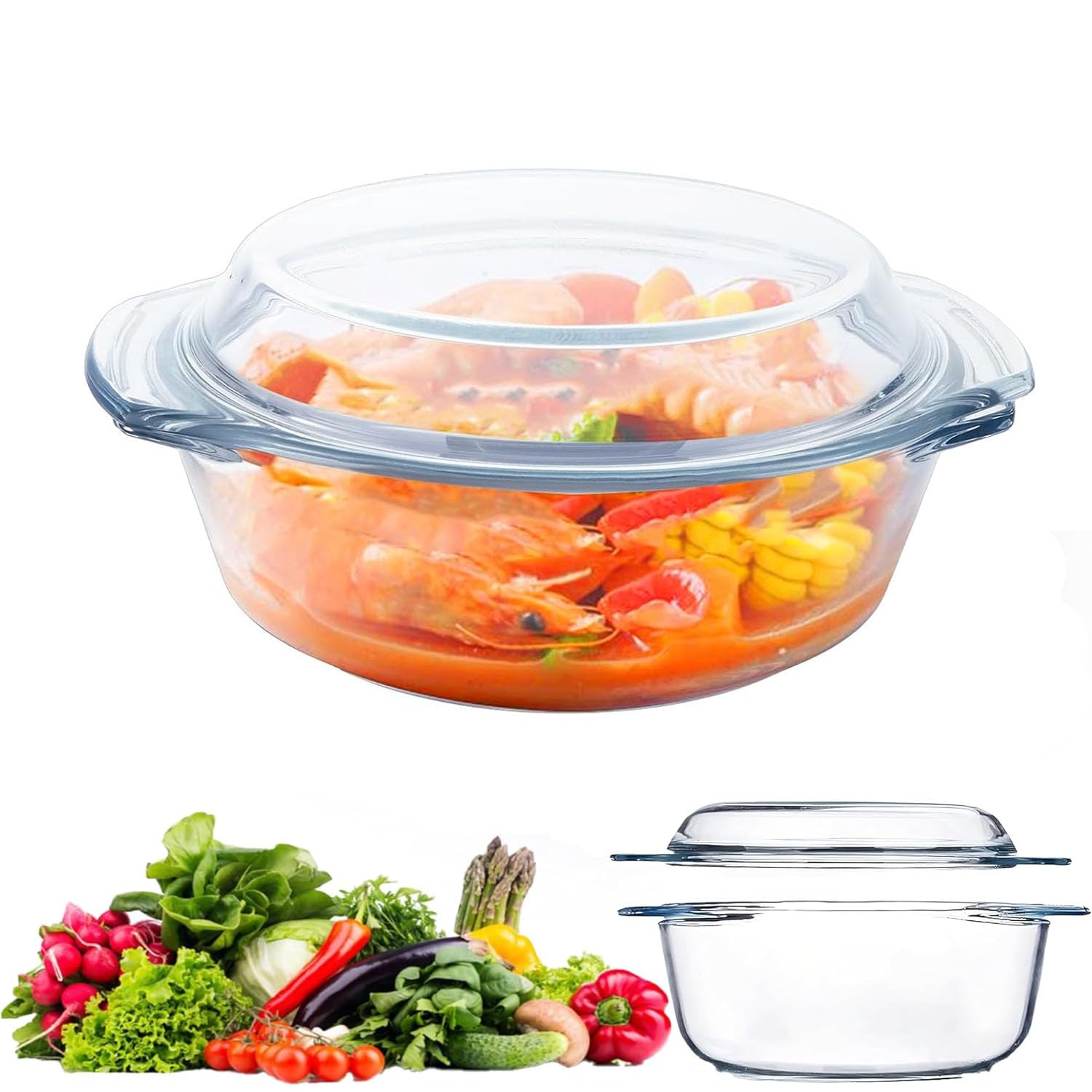 1L - Fuente pequeña para horno redonda de cristal con tapa, apta para microondas, apta para horno, resistente al calor, como fuente para lasaña, molde para hornear, forma de tiramisú, pequeña cacerola