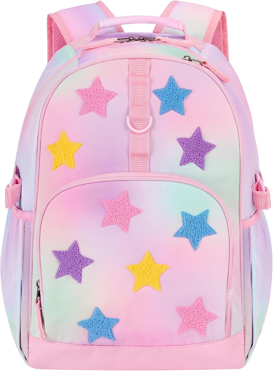 Kids Backpack for Girls Stars Backpack Kids Elementary School Backpack for Girls Ages 6-8 Kid Bookbag 17 Inch with Chest Strap, Pink