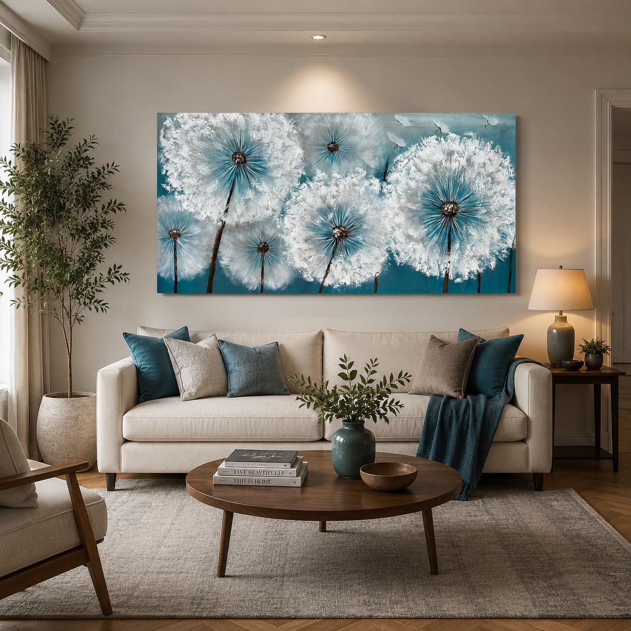 rtSee Handgemaltes Pusteblumen Leinwandbild 60 × 120 cm – Moderne strukturierte Acryl-Wandkunst in Weiß & Türkis