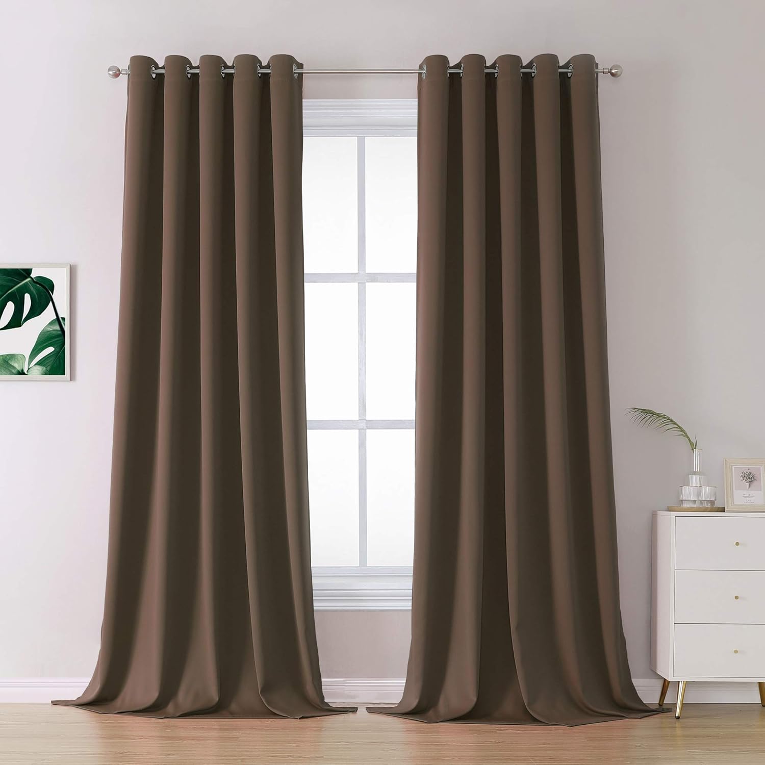 DUALIFE 120 Inches Long Coffee Colour Curtains - Brown Thermal Insulated Curtain Panels with Grommet Room Darkening Drapes for Bedroom 60 by 120 Inch, 2 Panels
