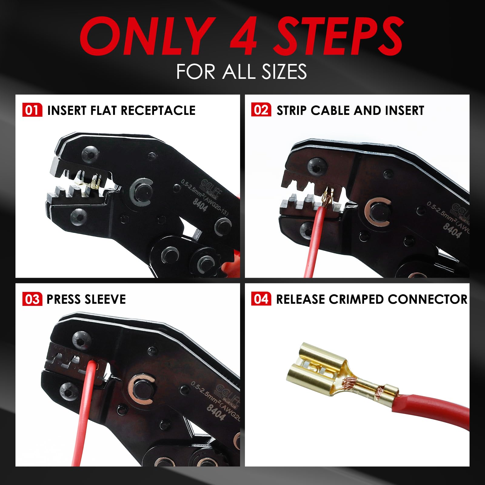 CCLIFE Crimpadora para Terminales Planos Kit 0,5-2,5 mm² AWG 20-13 300 Conectores