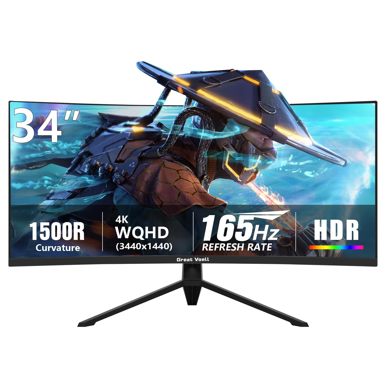 Great voell 34 Zoll Curved Gaming Monitor, Ultrawide WQHD (3440 x 1440), 165Hz, 1500R Krümmung, 127% sRGB, HDR10, FreeSync, 4000:1 Kontrast, VA Panel,VESA 100x100 mm, für Home-Office & Multimedia