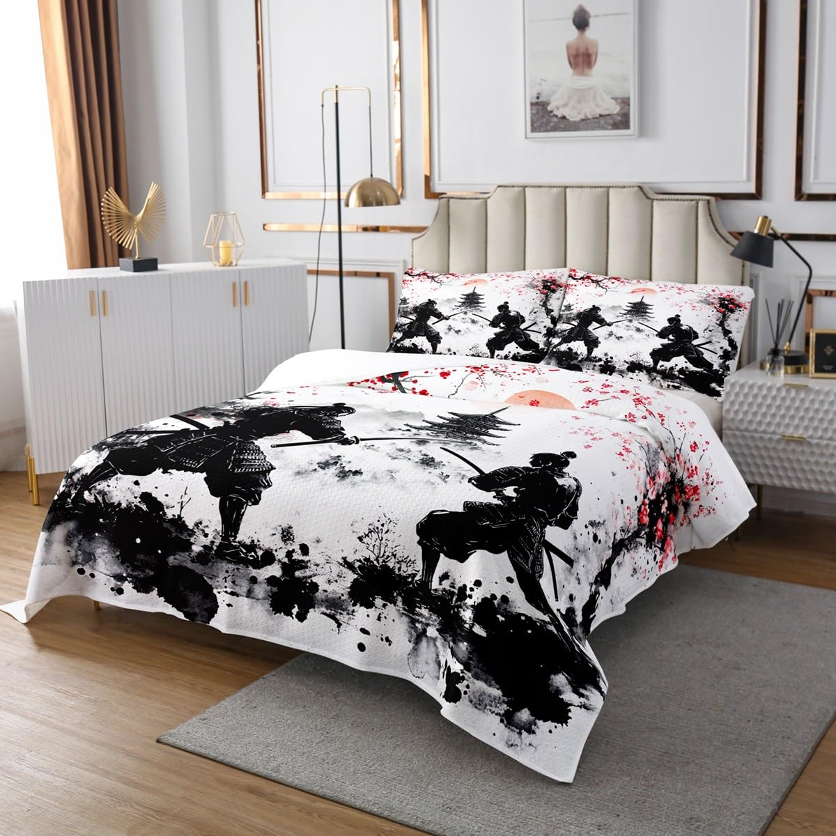 Homemissing Juego de colcha samurai japonesa, tamaño individual, diseño de flores de cerezo, para niños y niñas, decoración de flores de Sakura, colcha acolchada estilo japonés