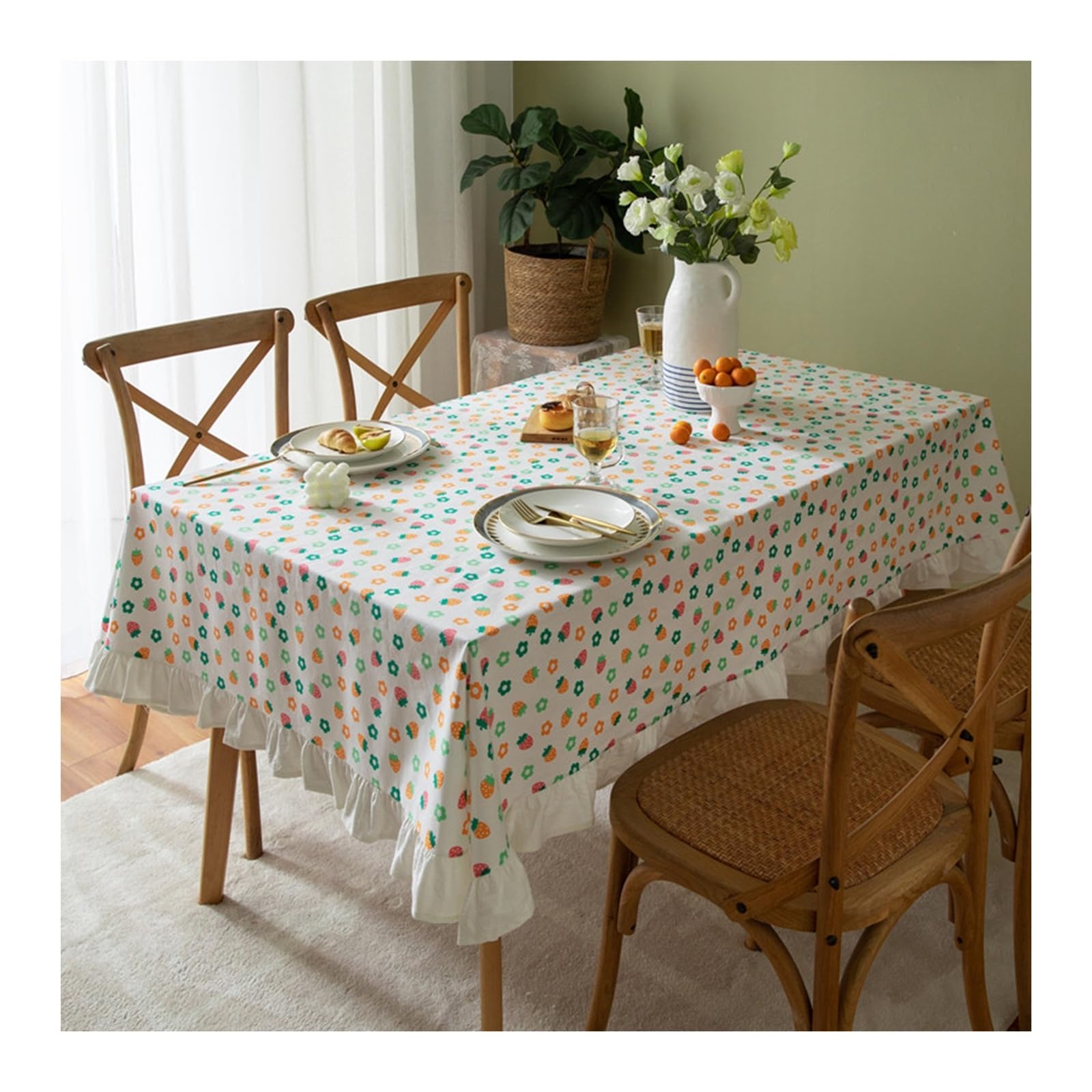 Nappe carrée 140x140 cm en coton à motif fraise KnSam avec volant