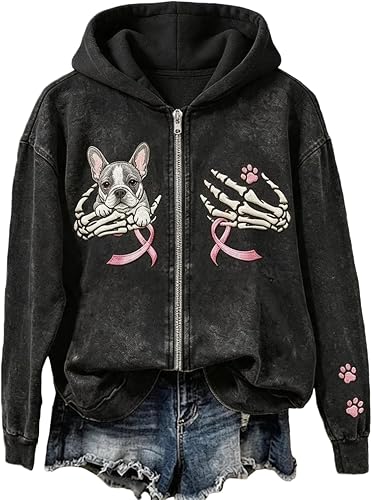 Halloween Zip Up Sweatshirts for Women Boo-P Ghost Dog Print Hoodies Jacket