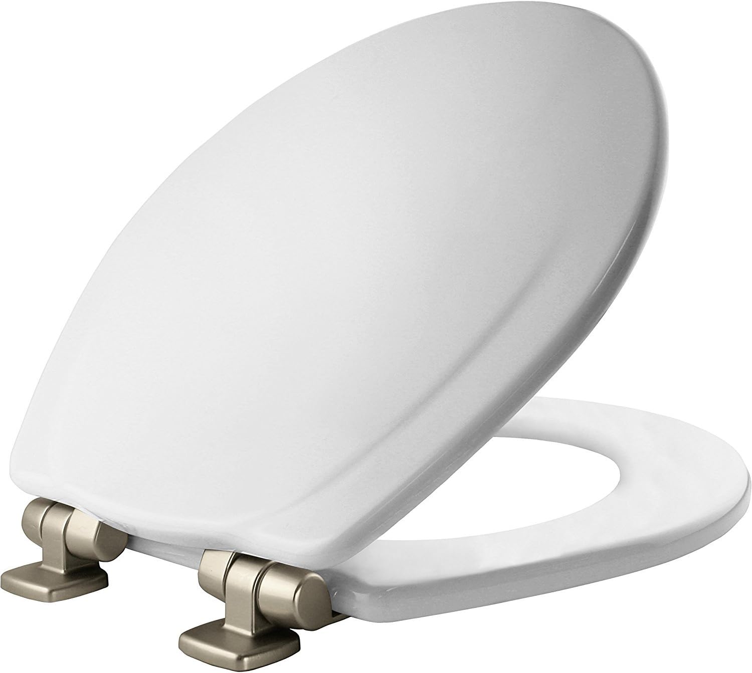 Bemis 30CHSLB 30NISLB 000 Wood Round Slow-Close Toilet Seat, White, Brushed Nickel Hinge