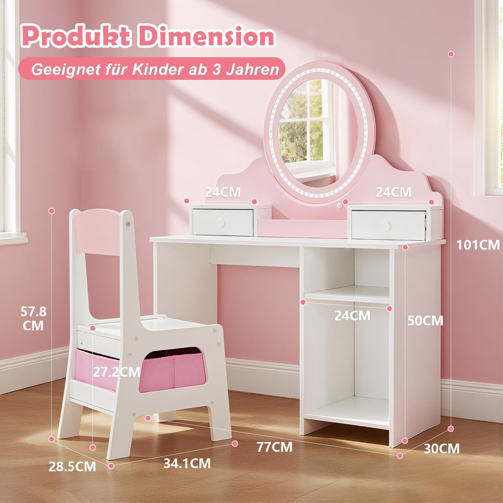 JOYLDIAS 2 in 1 Schminktisch Kinder mit Hocker und LED-Spiegel, Prinzessin Frisiertisch Schreibtisch mit Schublade, Regal und Körbchen, Kinder Schminktisch für mädchen ab 3 Jahre, Rosa