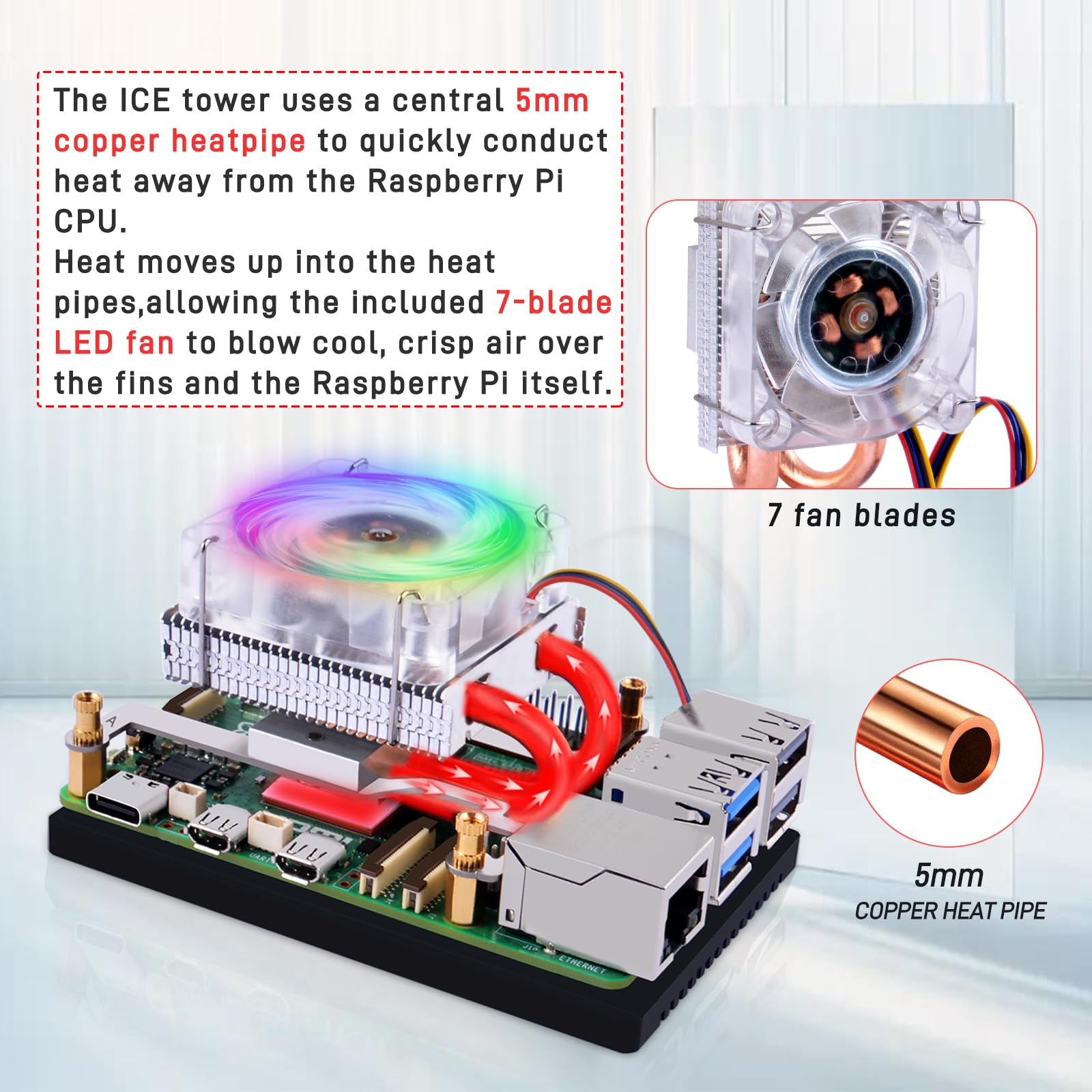 GeeekPi Ice Tower Cooler do Raspberry Pi 5, aluminiowy klimatyzator Pi 5 z wentylatorem chłodzącym do Raspberry Pi 5 4 GB/8 GB (Raspberry Pi 5 nie wchodzi w zakres dostawy), EP-0215