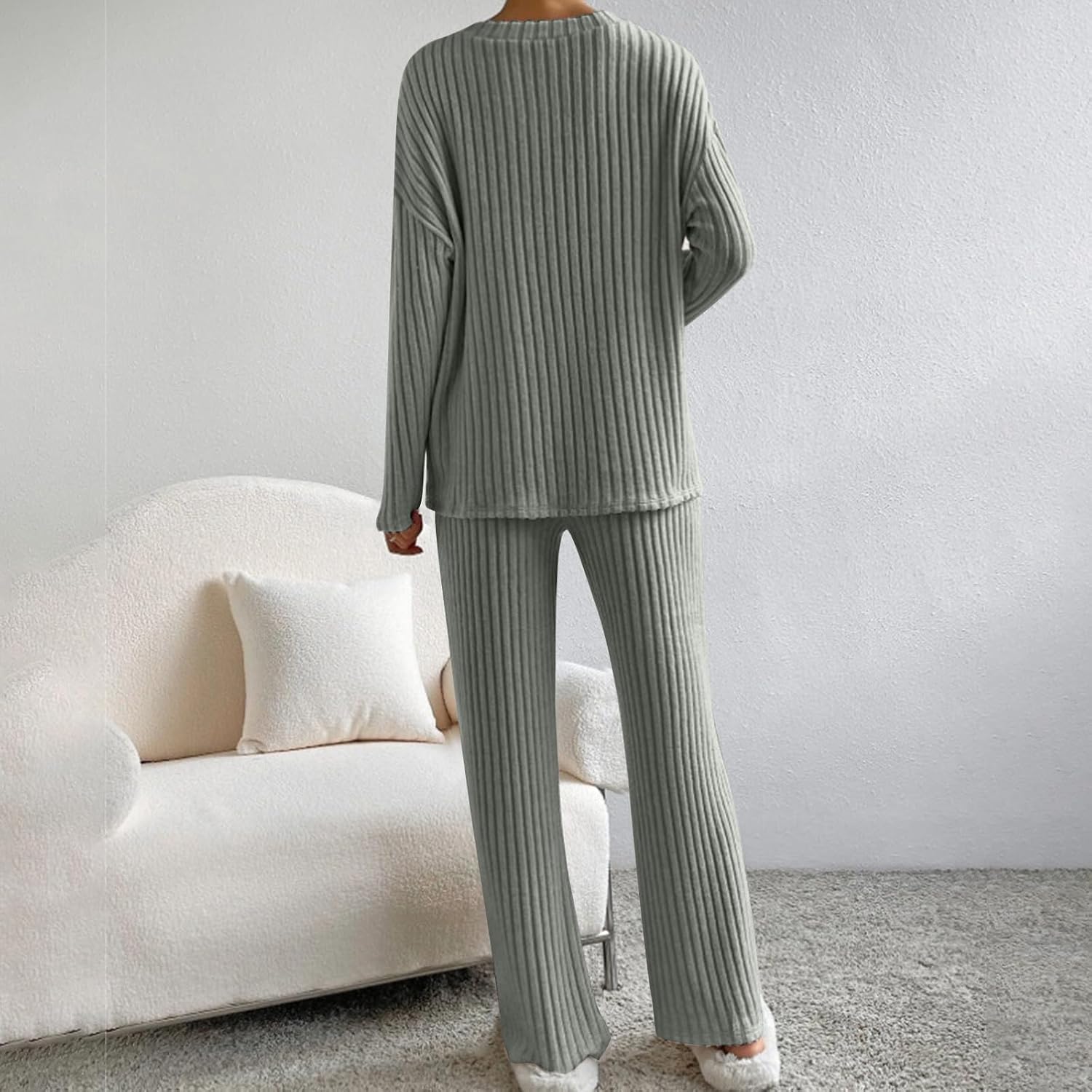 2 Piece Outfits for Women Ribbed Knit Sets Ong Sleeve V Neck Sweater Wide Leg Pants Casual Spring Loungewear Clothes