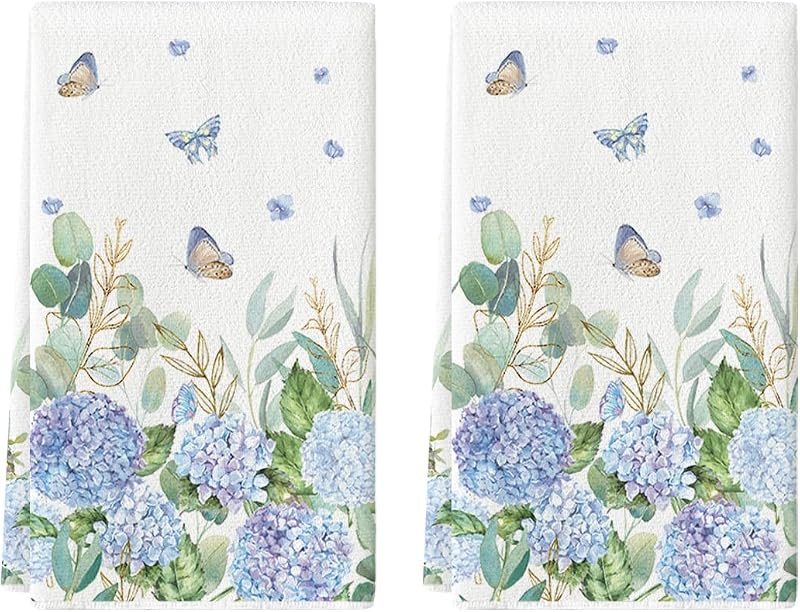 Artoid Mode Hydrangea Butterfly Grass Spring Kitchen Towels Dish Towels, 18x26 Inch Farmhouse Summer Decoration Cleaning Set of 2