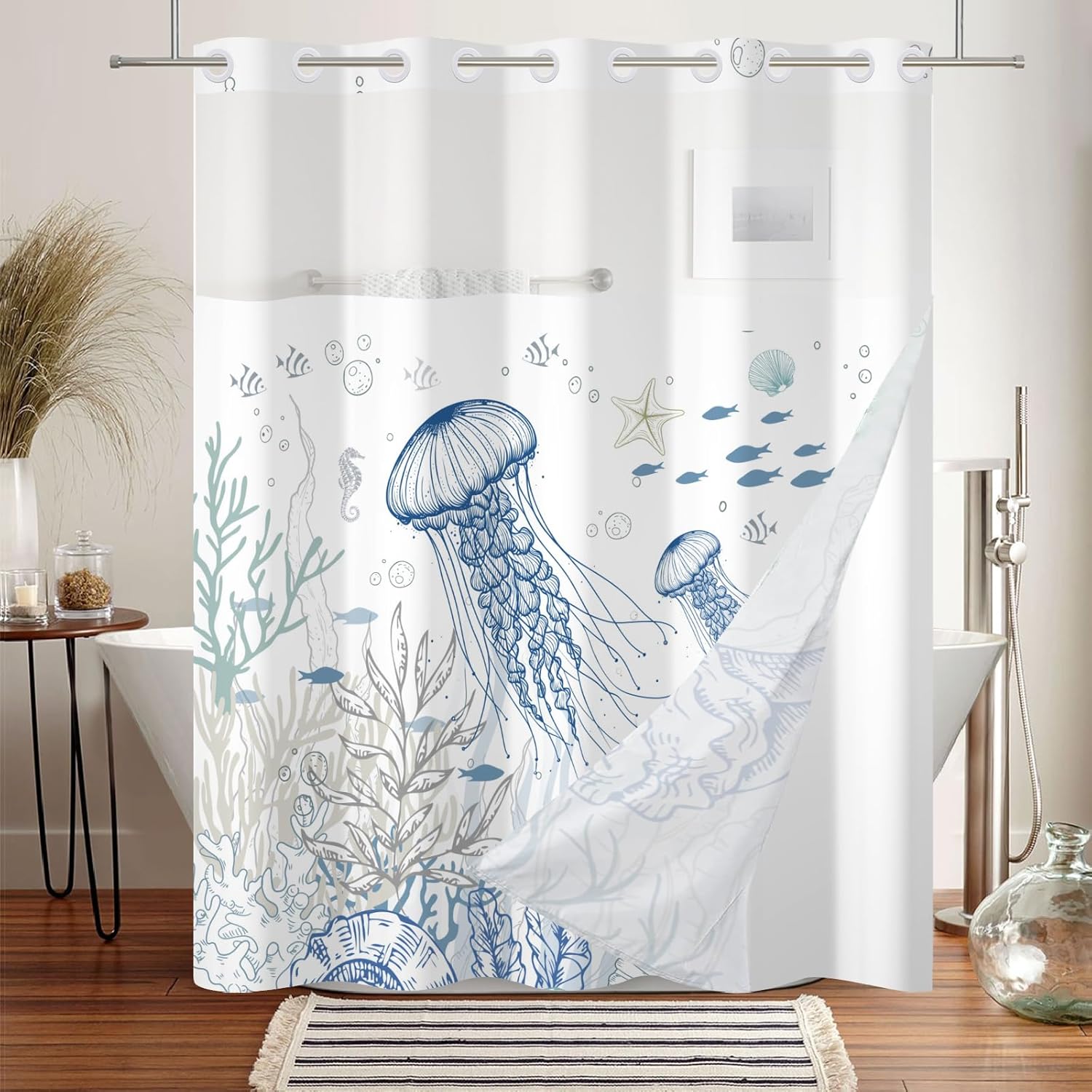 Hookless Ocean Shower Curtain with Snap in Liner Set - 71 x 82 Inch, Waterproof Jellyfish Bath Curtain for Kids and Nautical Bathroom with Mesh Top Window