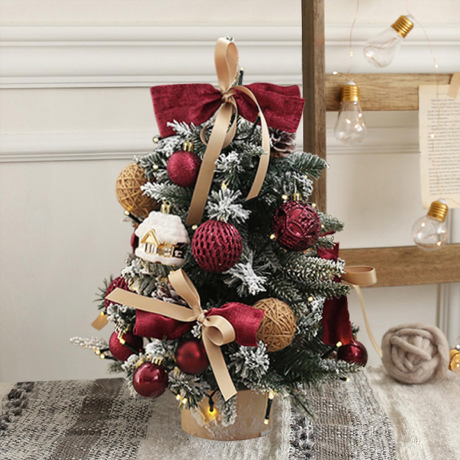 Mini Christmas Tree, 18 Inch Small Christmas Tree with Lights, Tabletop Christma Tree with Star Treetopper and Hanging Ornaments (D)