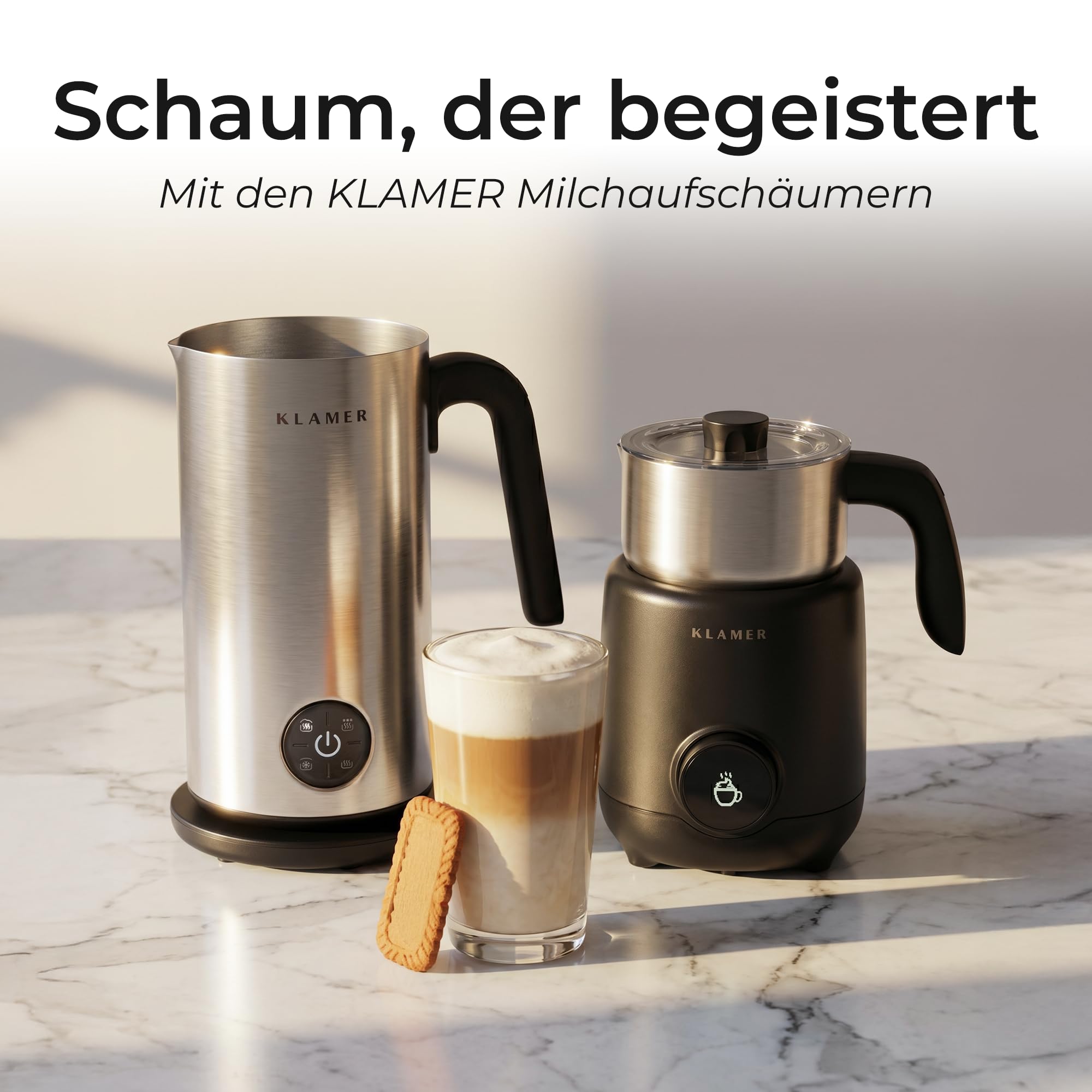 KLAMER Milchaufschäumer Elektrisch 550W, Milchschäumer mit Display & 7 Programmen: Aufschäumen Warm & Kalt, Heiße Schokolade, Hafermilch & Babymilch, Edelstahl 400 ml