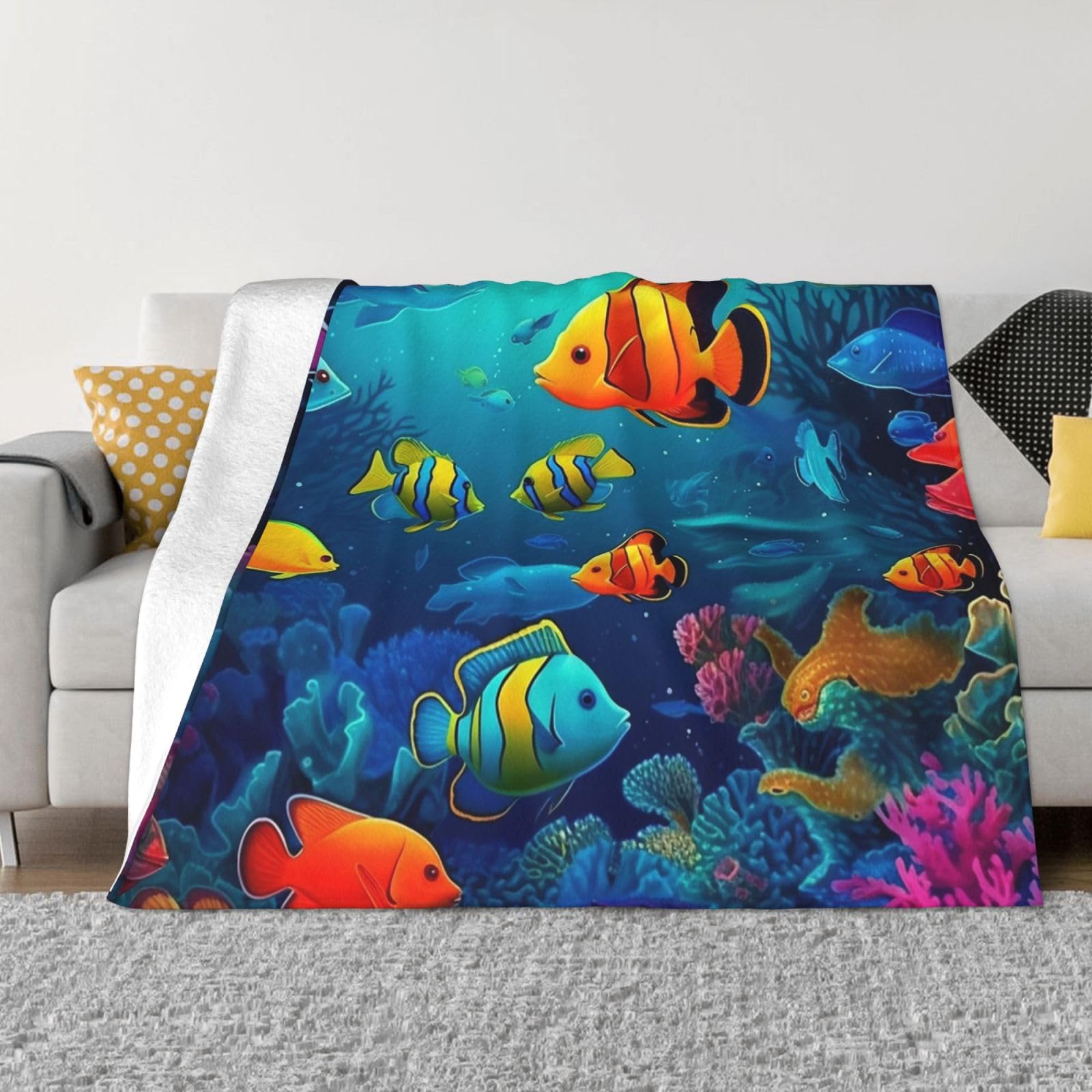 FodPand Underwater World Colorful Fishes Fleece Blanket 40"x30" Lightweight Warm Throw Blanket for Bed Couch Cozy Air Conditioning Quilt All Seasons Decorative Fuzzy Blankets Gifts for Women Men