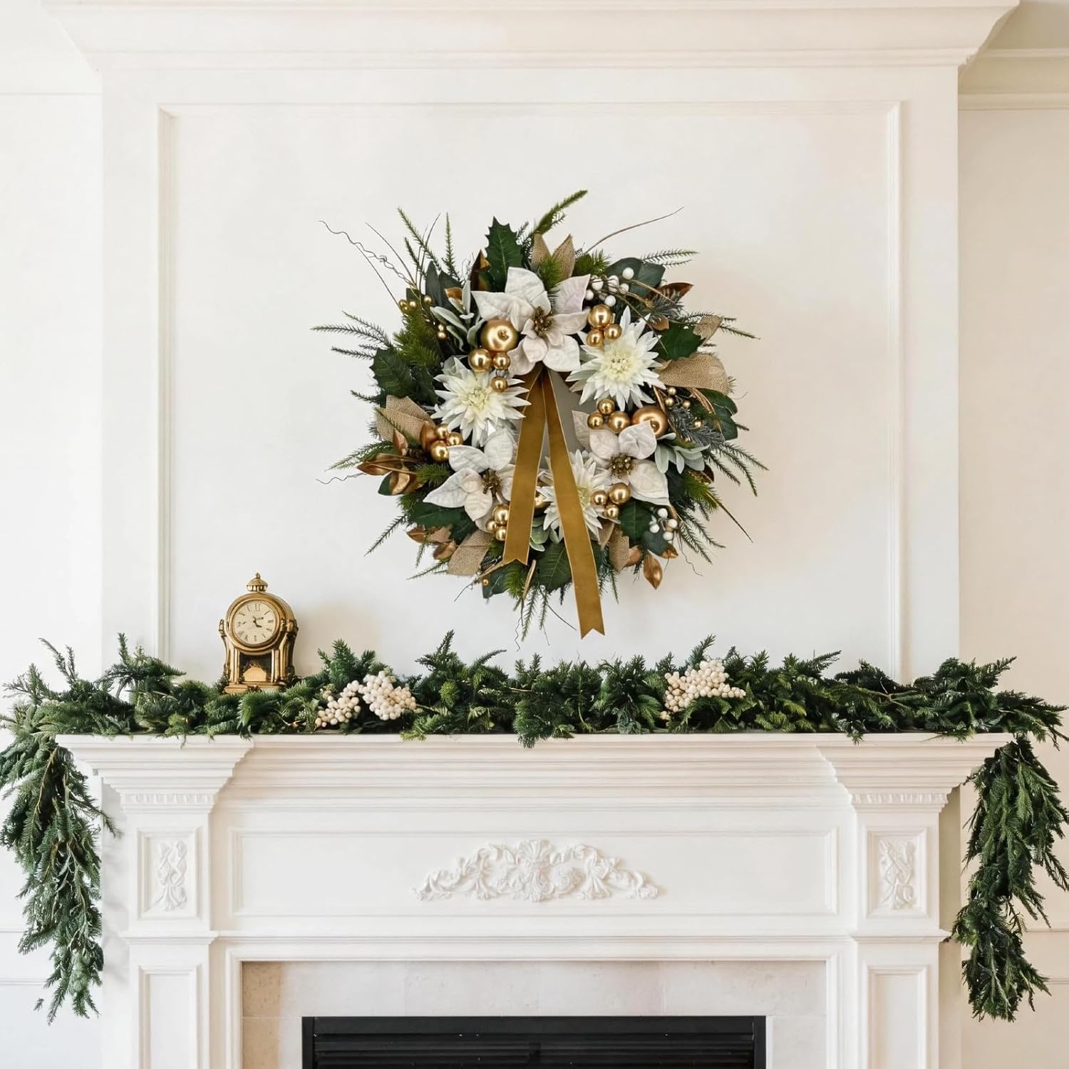 CYANBLOOM 24" Winter Holiday Christmas Wreath for Front Door with Bow