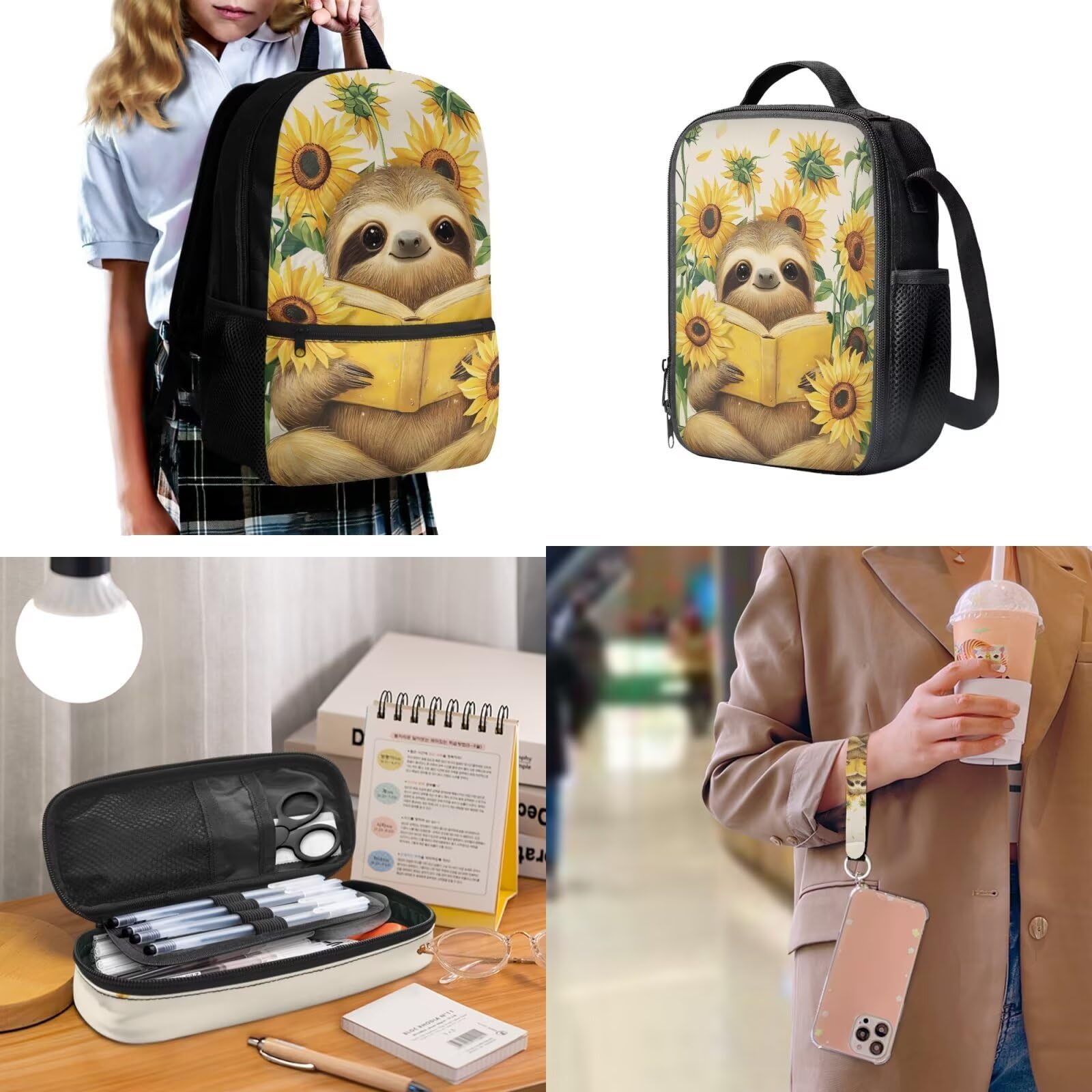 Rucksack 4-teiliges Set Scool Büchertasche mit Lunchbox, Federmäppchen, Schlüsselanhänger für Grundschulkinder, Kinder, Schultaschen, Sonnenblumen-Faultier, Kinderrucksack