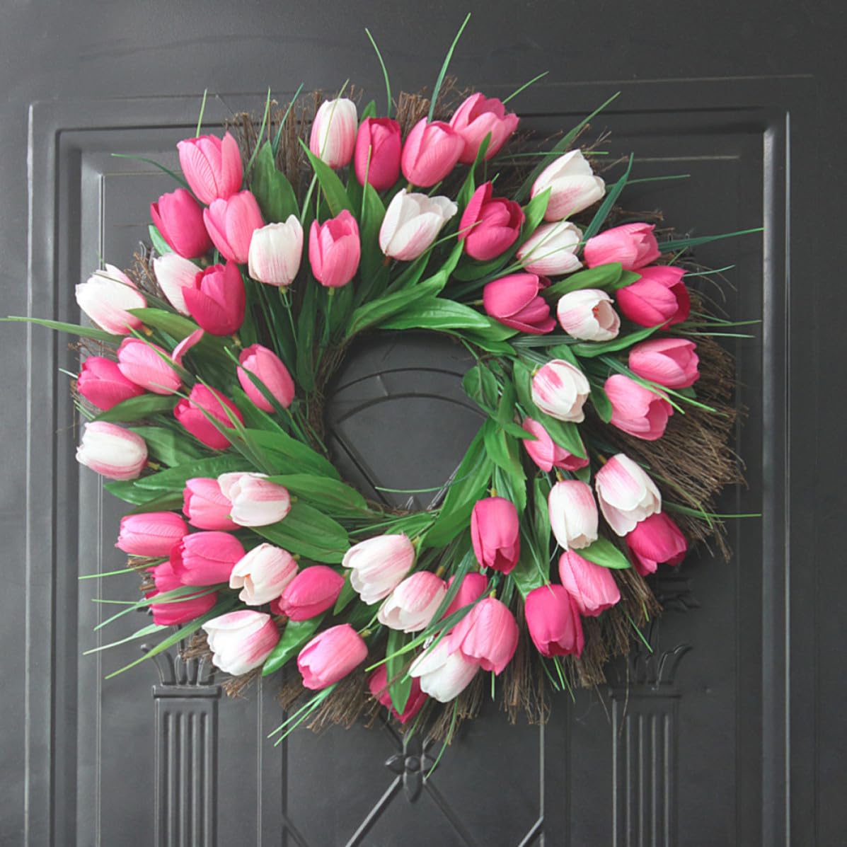 Beavorty Künstliche Blumenförmig Stoff aus Rattan Rosa und Tulpengirlande Leicht ohne Gießen Naturgetreu für Hochzeit und Outdoor Deko