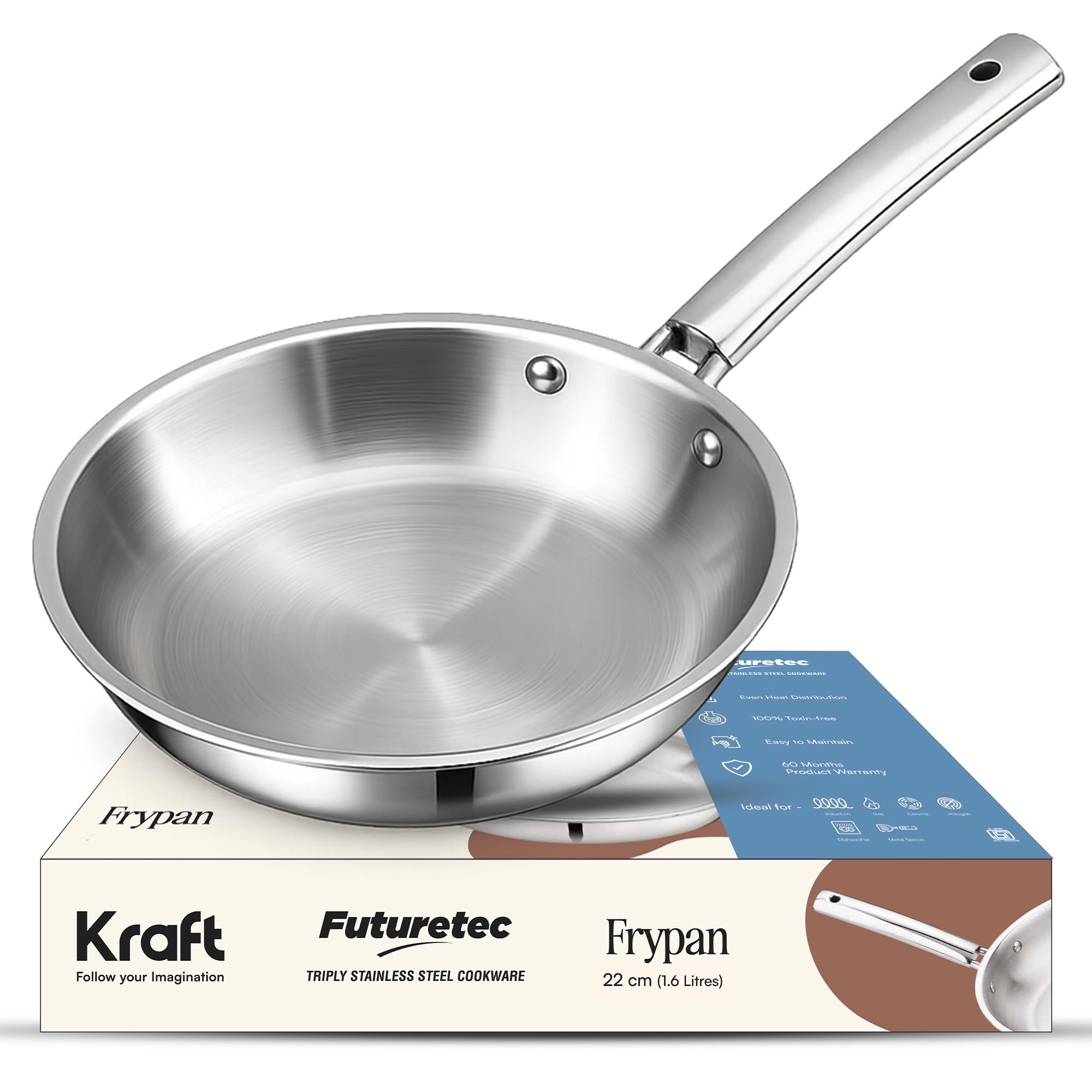 Kraft- follow your imagination Futuretec Triply Stainless Steel Cookware Frypan - 1.6 Litre, 22 Cm / 2.5 Mm Thick/Skillet Fry Pan For Dosa, Omelette, Chilla/Induction, Gas Base / 5 Year Warranty