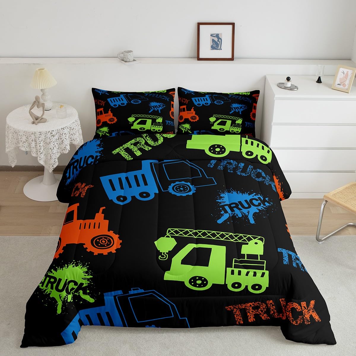 Feelyou Construction Bedding Set Equipment Trucks Comforter Set for Kids Boys Girls Teens Room Decor Excavator Tractor Comforter Full Size Cartoon Vehicles Purple Duvet Set 3Pcs