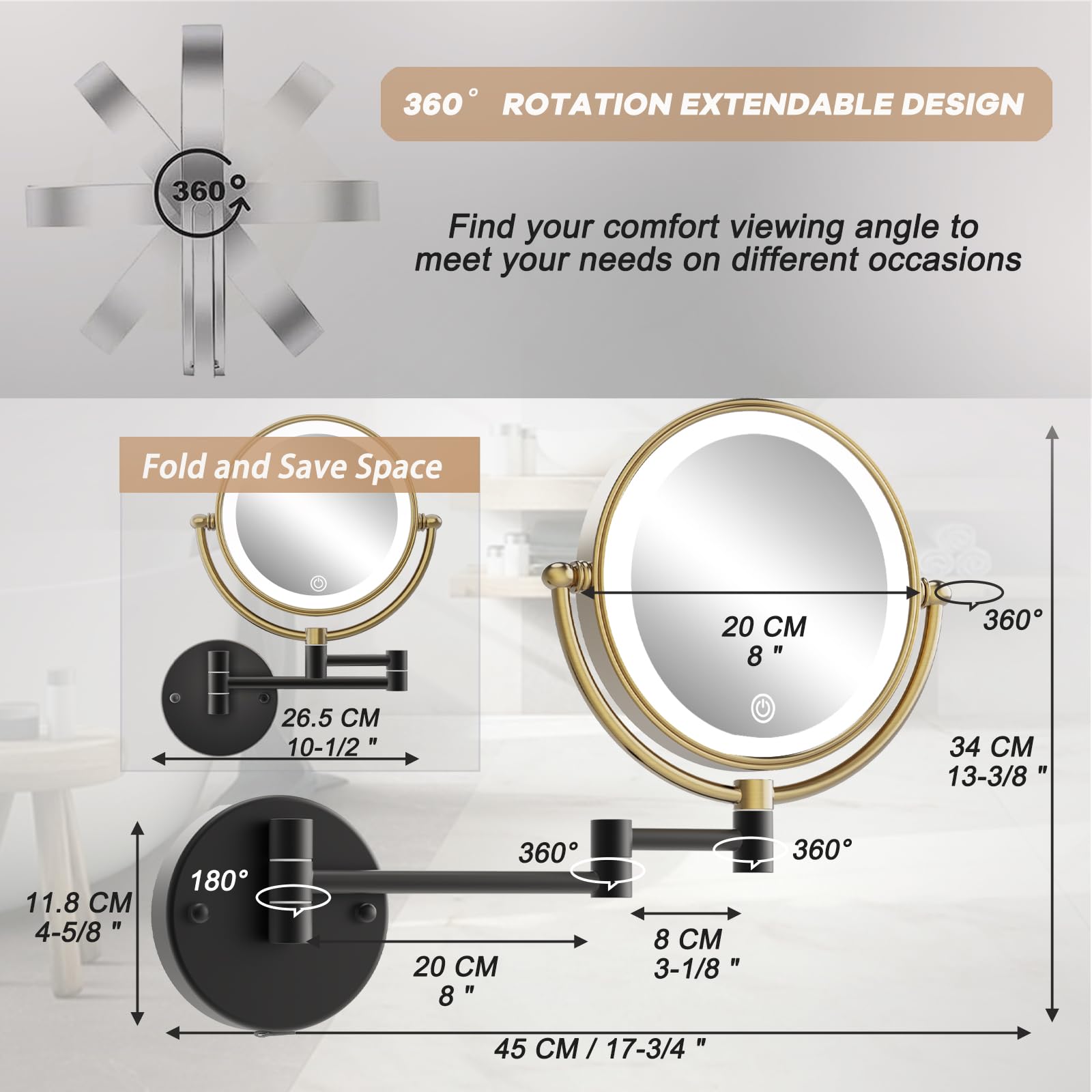 Espejo de pared recargable con luz para maquillaje, espejo de aumento de baño de 10 aumentos, brazo extendido, rotación de 360 grados, LED de 3 colores, regulable al tacto, negro mate con