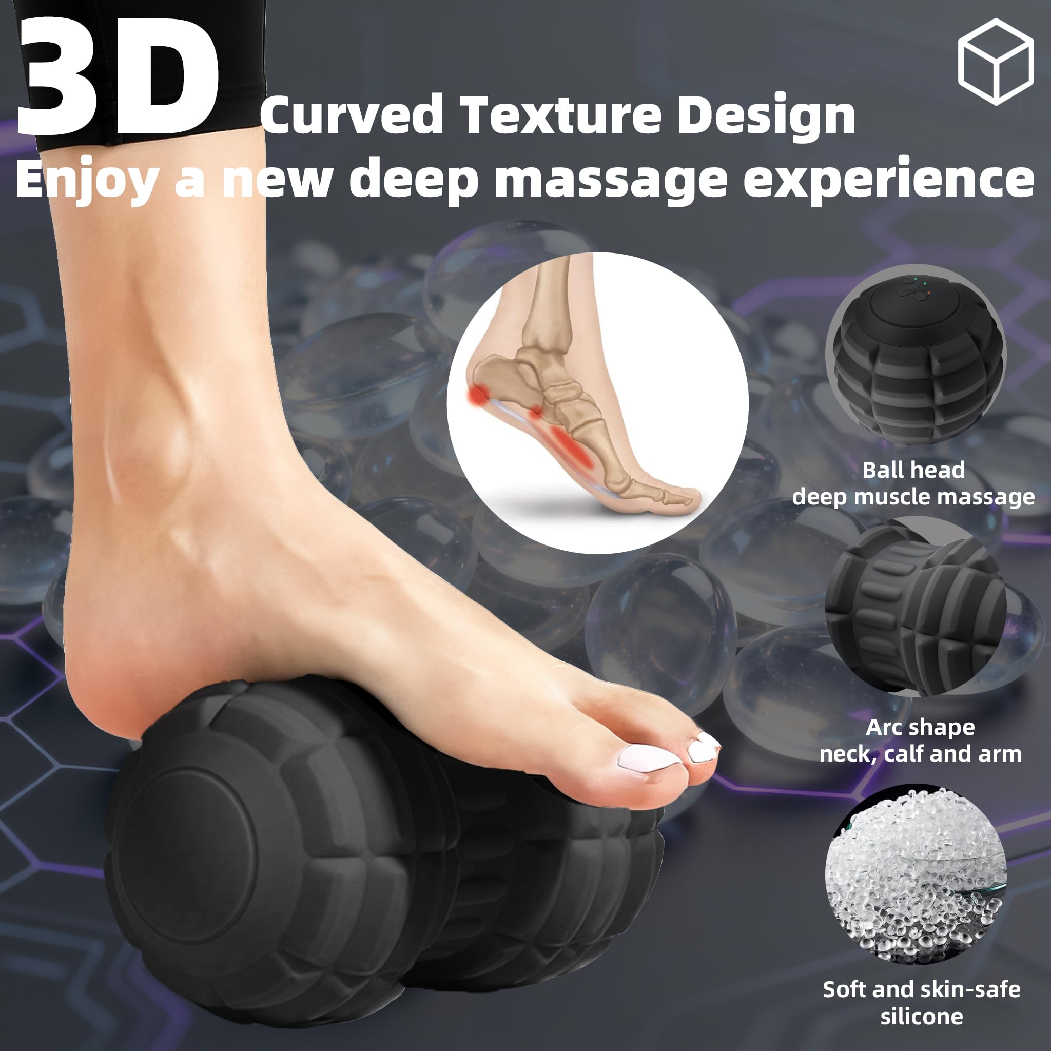 Balle de massage vibrante en forme d'arachide pour fasciite plantaire, rouleau de massage portable à 4 vitesses pour pieds, cou, dos et corps – Balle de relaxation musculaire pour