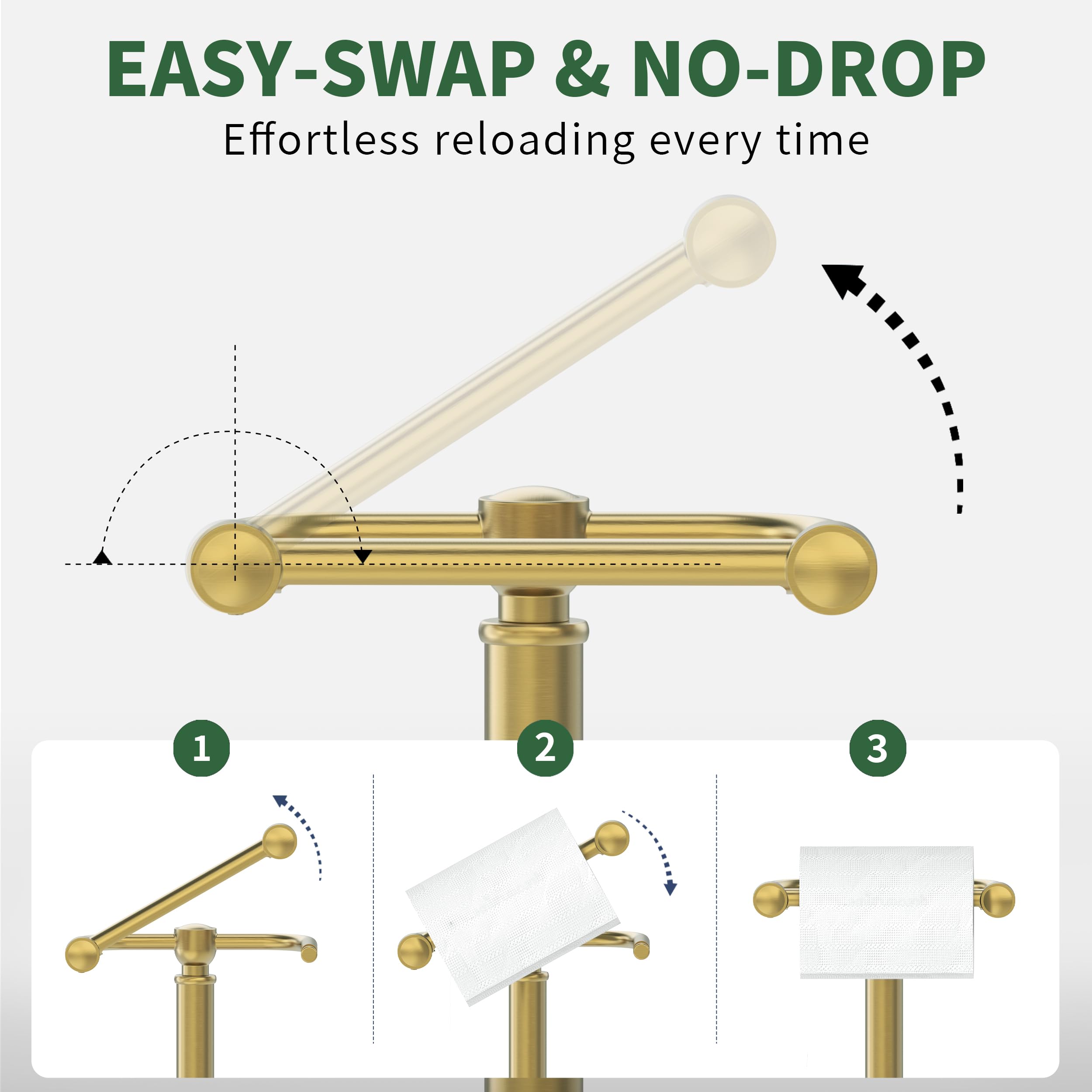 Toilet Paper Holder Stand,Free Standing Toilet Paper Holder,Modern Post Pivoting Toilet Paper Stand with Stable Weighted Base,SUS304 Stainless Steel Tissue Roll Holder Stand for Bathroom,Brushed Gold — Amazon image 3