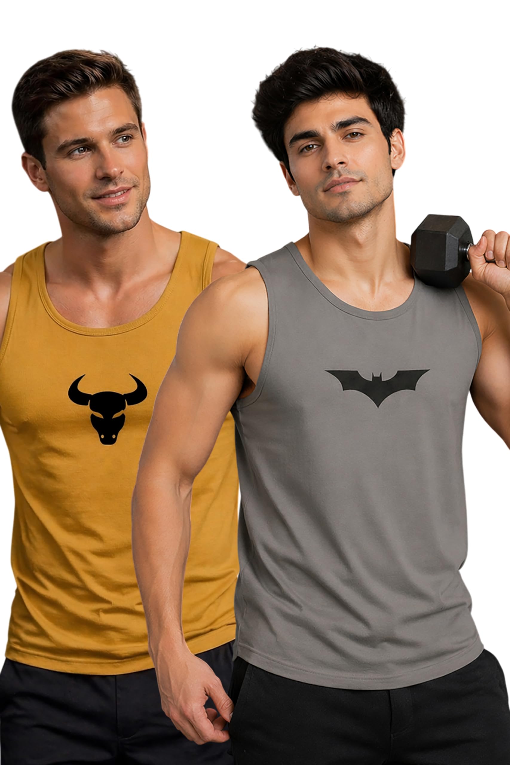 Polyester Letter Printed Vest for Men - Pack of 2 - Grey & Mustard | Round Neck | Sleeveless | Regular Fit | Summer & Gym Wear Tank Top for Men-image-4