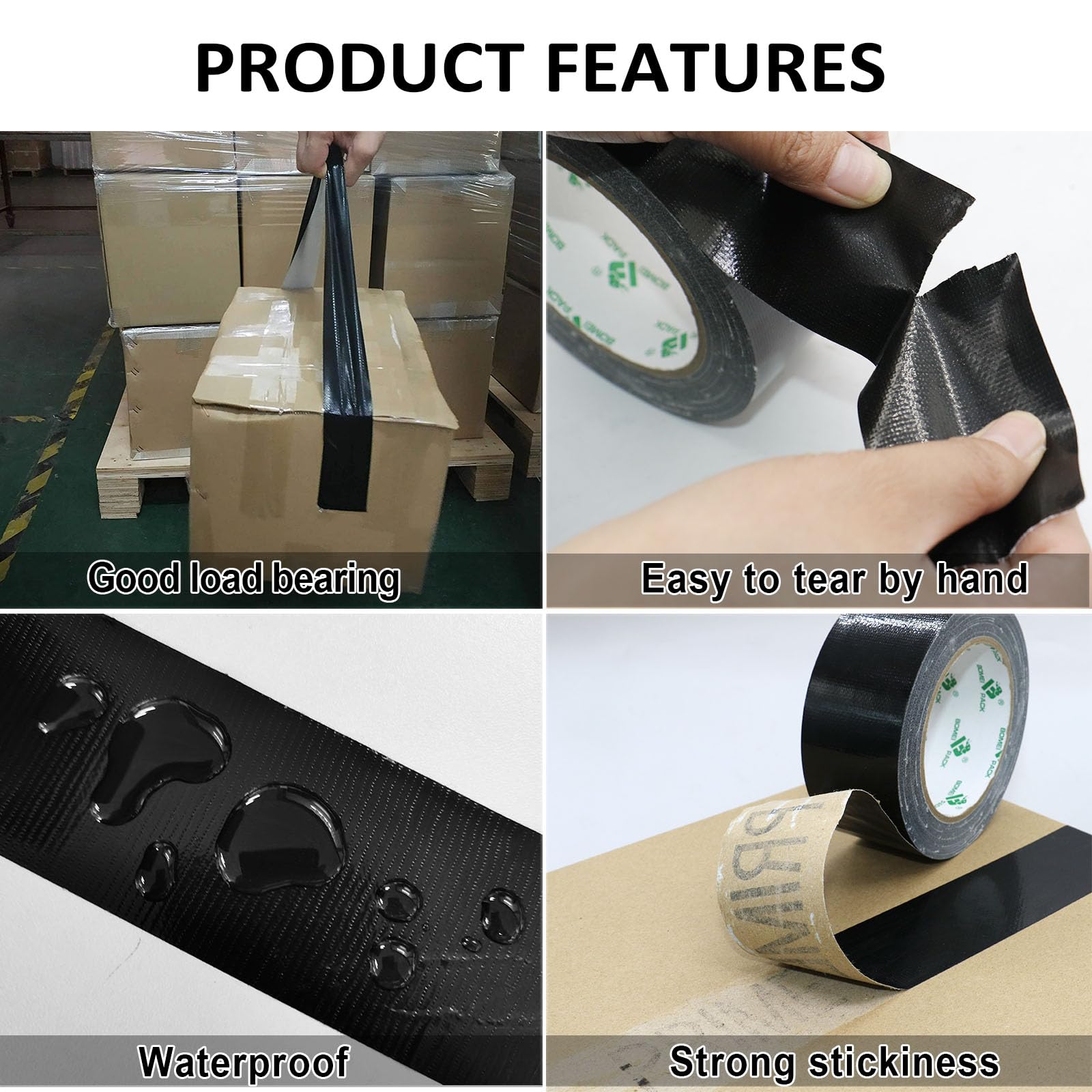 BOMEI PACK Cinta adhesiva de tela negra, 12 rollos de 48 mm x 30 yardas, cinta adhesiva reforzada resistente al agua para fijar reparaciones, cajas de etiquetado de manualidades, sellado y flejes para