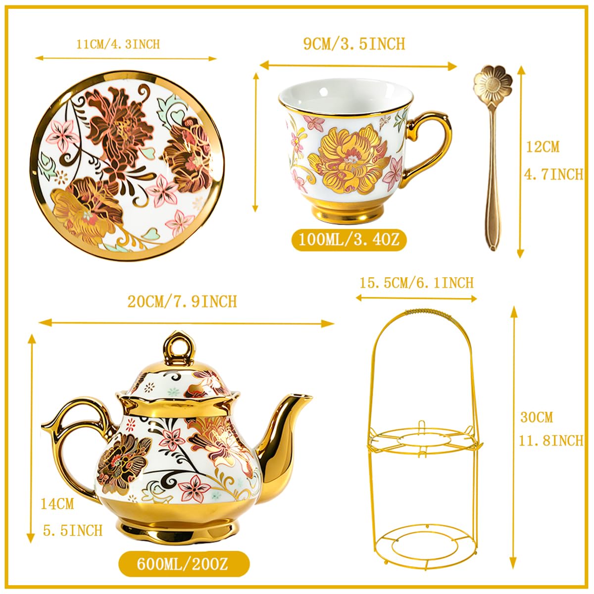 CHANJOON: Ceramiczny zestaw do herbaty z czajnikiem, 6 filiżankami do kawy, 6 talerzyami, stojakiem do przechowywania, w stylu vintage z czerwoną różą, dla 6 osób (różowy, średni, 500 ml/100 uncji)