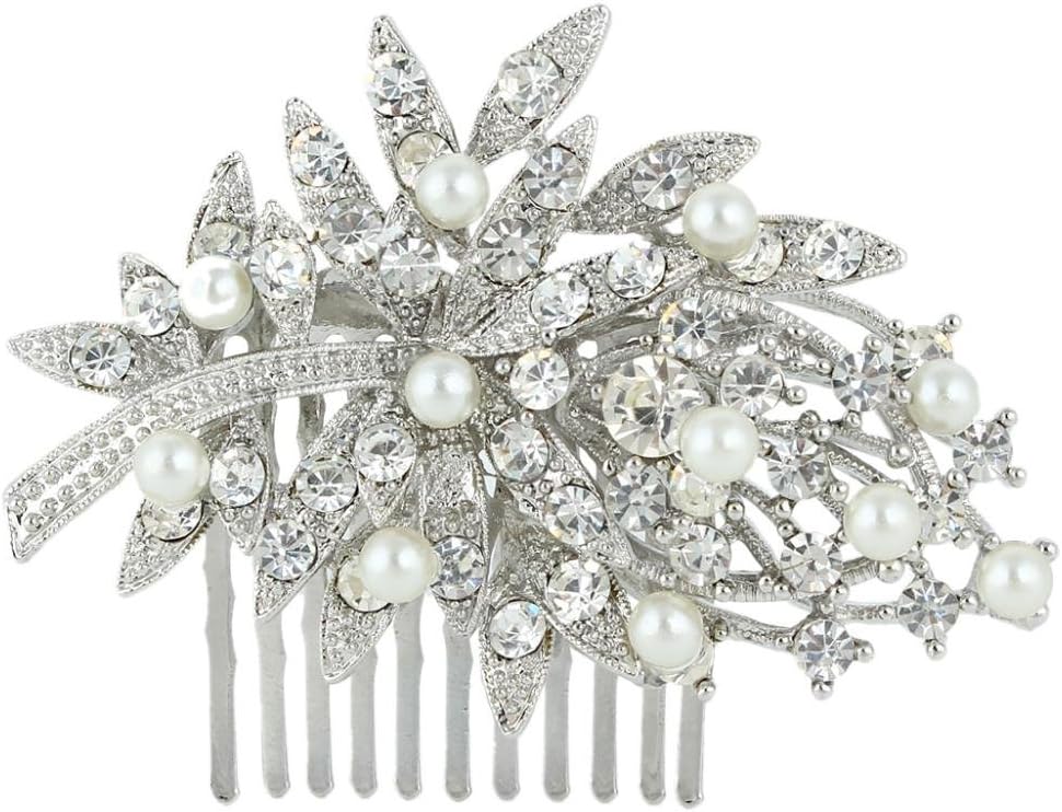 EVER FAITH Austrian Crystal Simulated Pearl Wedding Floral Leaf Branch Hair Comb Clear Silver-Tone