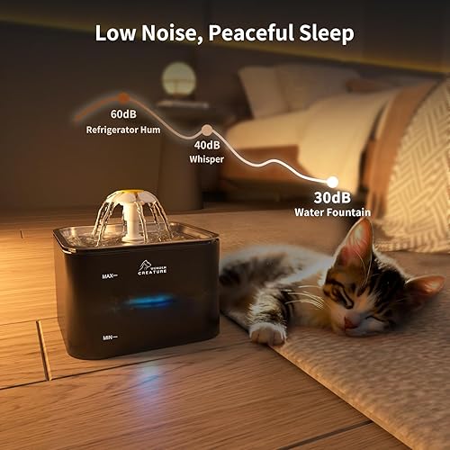 Miniatura 6 de Fuente de agua de cristal para gatos, tapa de acero inoxidable, fuente para mascotas de 101 oz3 L con luz LED para gatos y perros (negro)