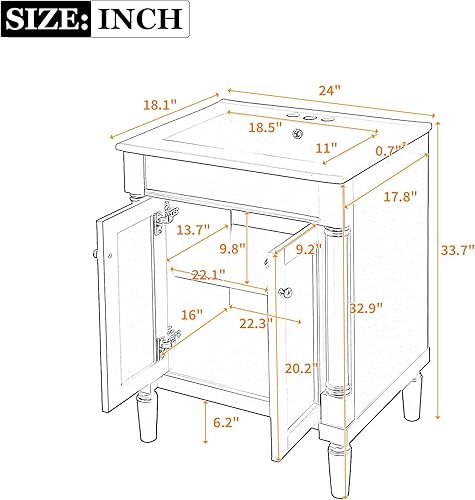 Miniatura 2 de Mueble de baño de 24 pulgadas con fregadero de cerámica, tocador de baño independiente con puertas de cierre suave, estantes ajustables, armario de