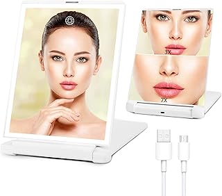 Fabuday Travel Lighted Magnifying Mirror with Lights - Rechargeable 1X/3X/7X Vanity Makeup Mirror with 3 Color Lighting, Light Up LED Compact Mirror, Desk Folding Cosmetic Mirror with Bag