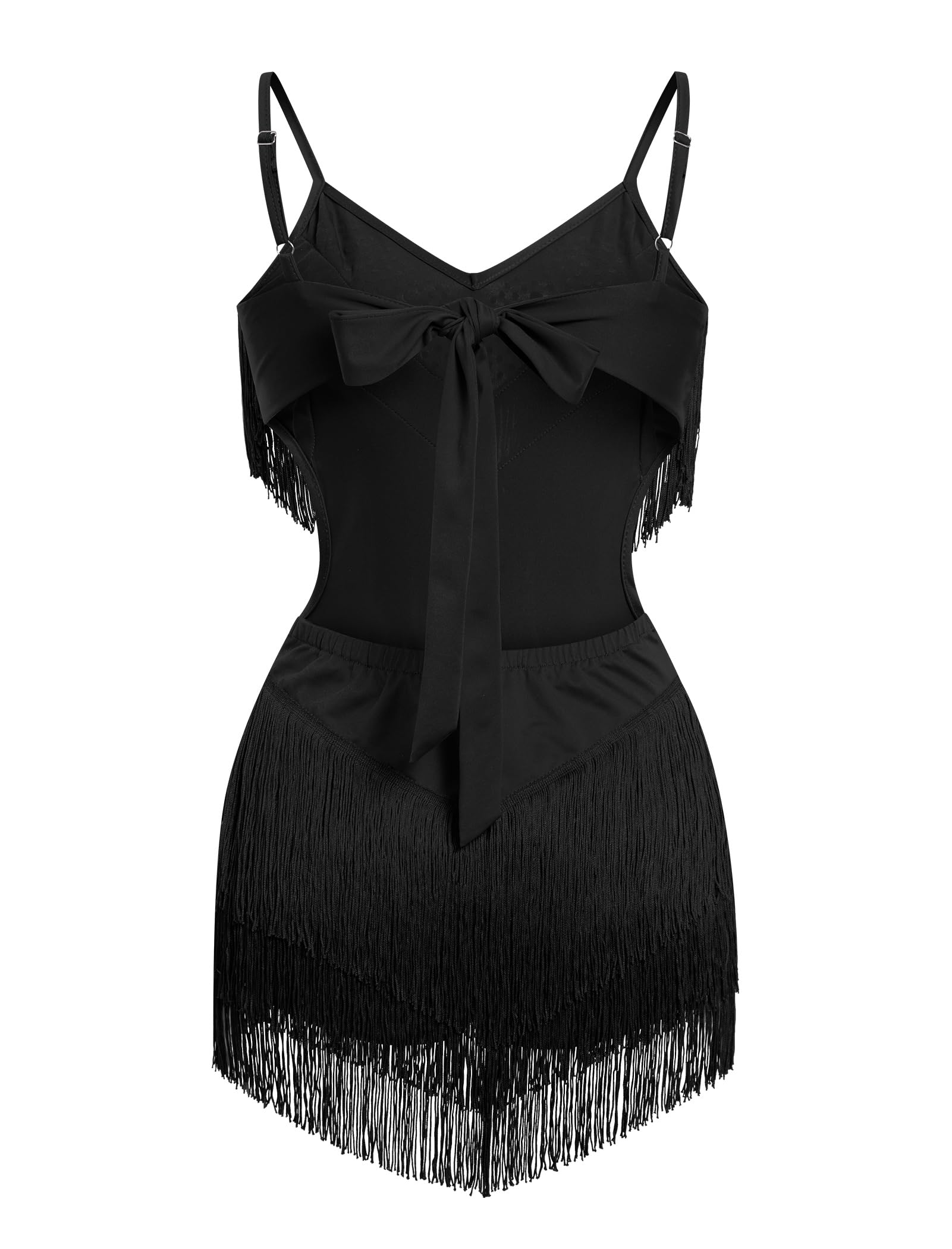 ODIZLI Damen-Tanzkleid mit Fransen, Strass, Turnanzug, verstellbare Spaghettiträger, V-Ausschnitt, Raffhalter, Salsa, Ballsaal, Tanz