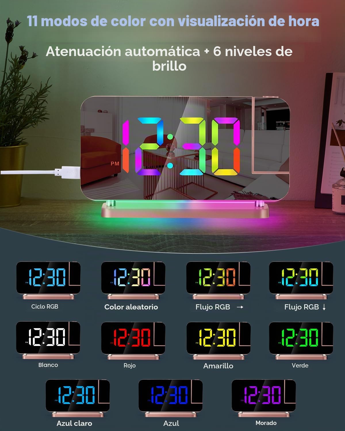 SZELAM Reloj despertador con proyección LED de 7,4 pulgadas, con proyección en la pared del techo, con luz nocturna RGB, puerto de carga USB C, atenuación automática, reloj de escritorio moderno para
