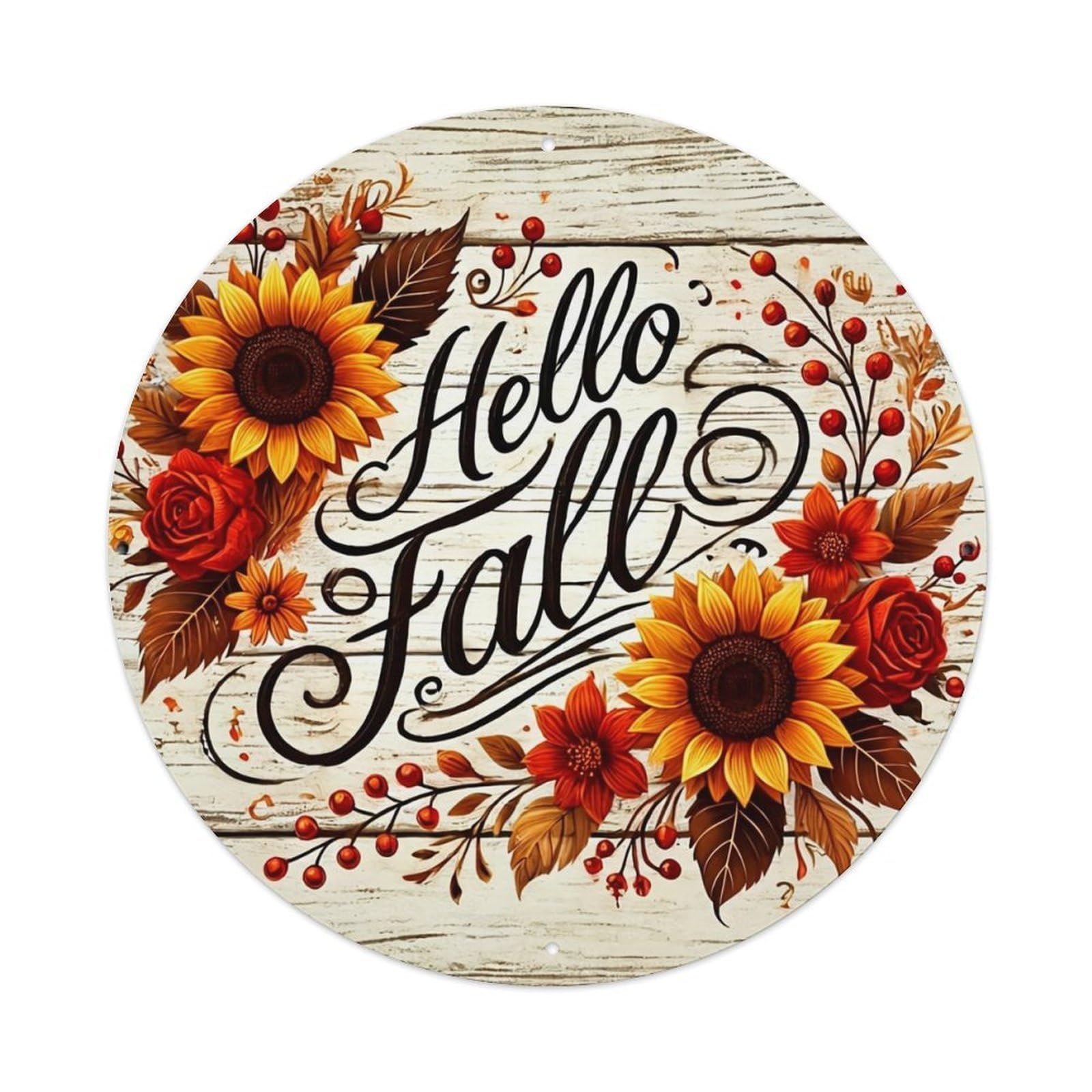 Hello Fall Floral Pattern Print Round Metal Tin Sign Vintage Wall Decor, Bar Garage Cafe Kitchen Home Wall Art Poster 8x8inches