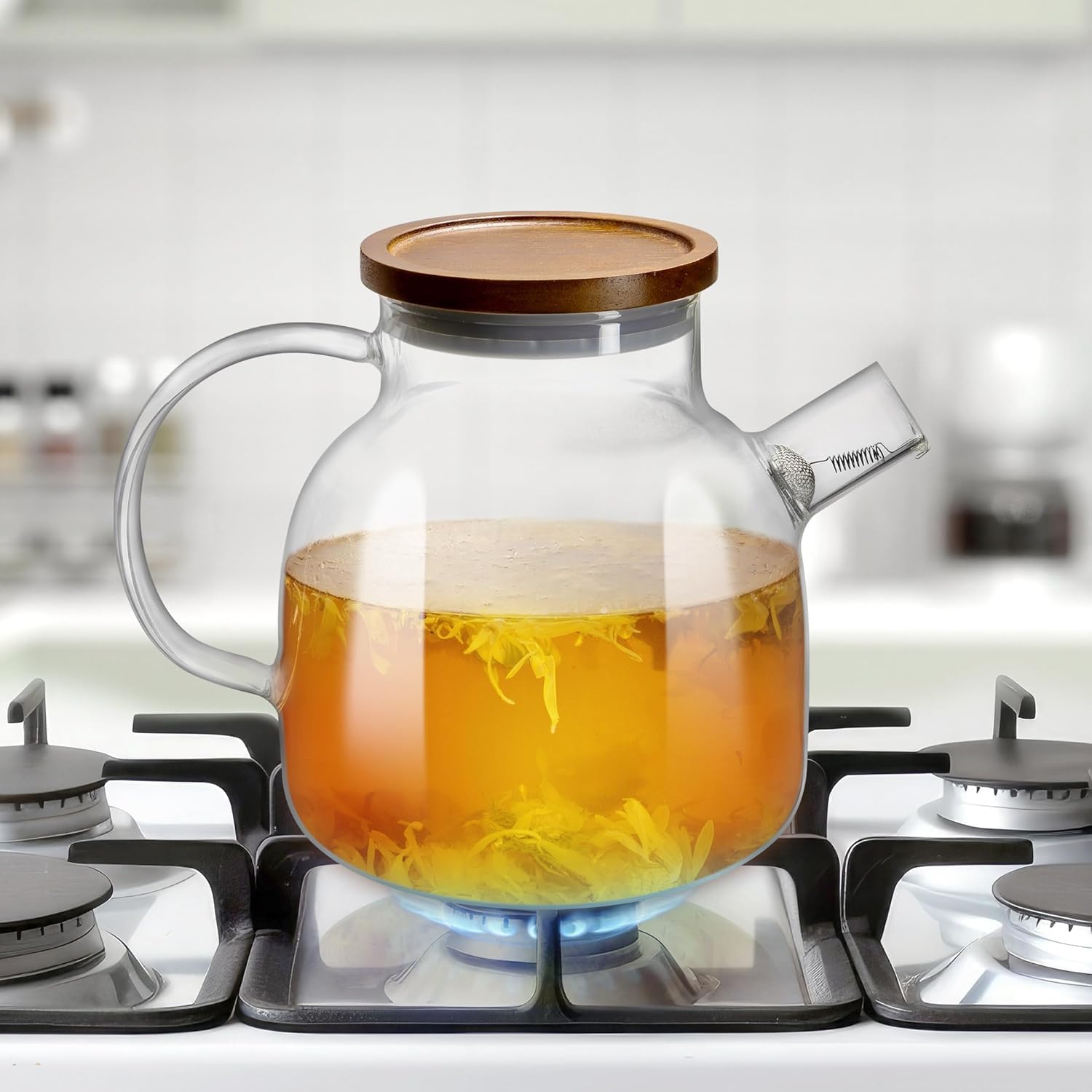 Impolio 1400ml Glas-Teekanne mit Siebeinsatz, Teekanne mit Holzdeckel, Hitzebeständiges Borosilikat Glas, Teekanne mit Sieb, Teekannendesign, Teeservice, Teapot