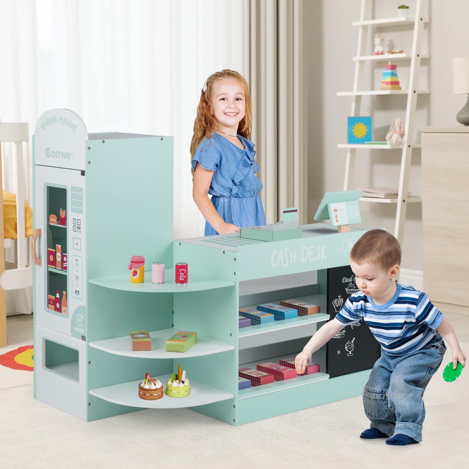 HOMASIS Tienda Infantil de comestibles, Tienda de Madera con mostrador Lateral, Juego de supermercado con Caja registradora, TPV, Máquina expendedora, para niños de 3 a 8 años (Verde Claro 89x57x88)
