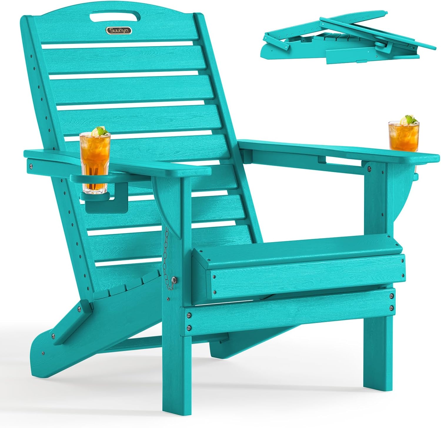 Folding Adirondack Chair HDPE All-Weather Adirondack Chairs with Cup Holder, Outdoor Fire Pit Chairs Lawn Chair for Deck Patio Garden (Lakeblue) 1 Lakeblue