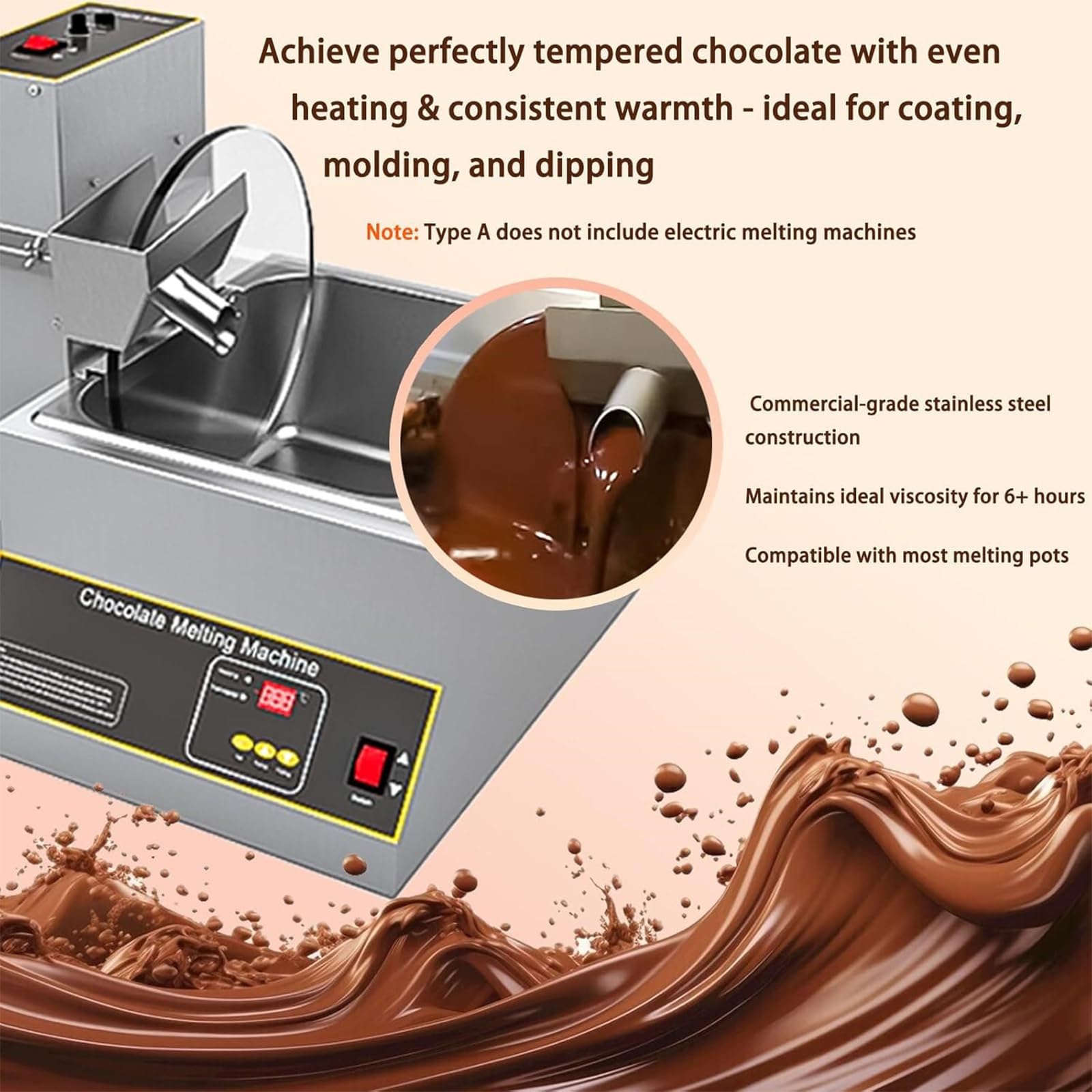 Mélangeur de chocolat en acier inoxydable avec four de fusion – Commandes conviviales, température réglable pour des résultats parfaits de trempage et de revêtement