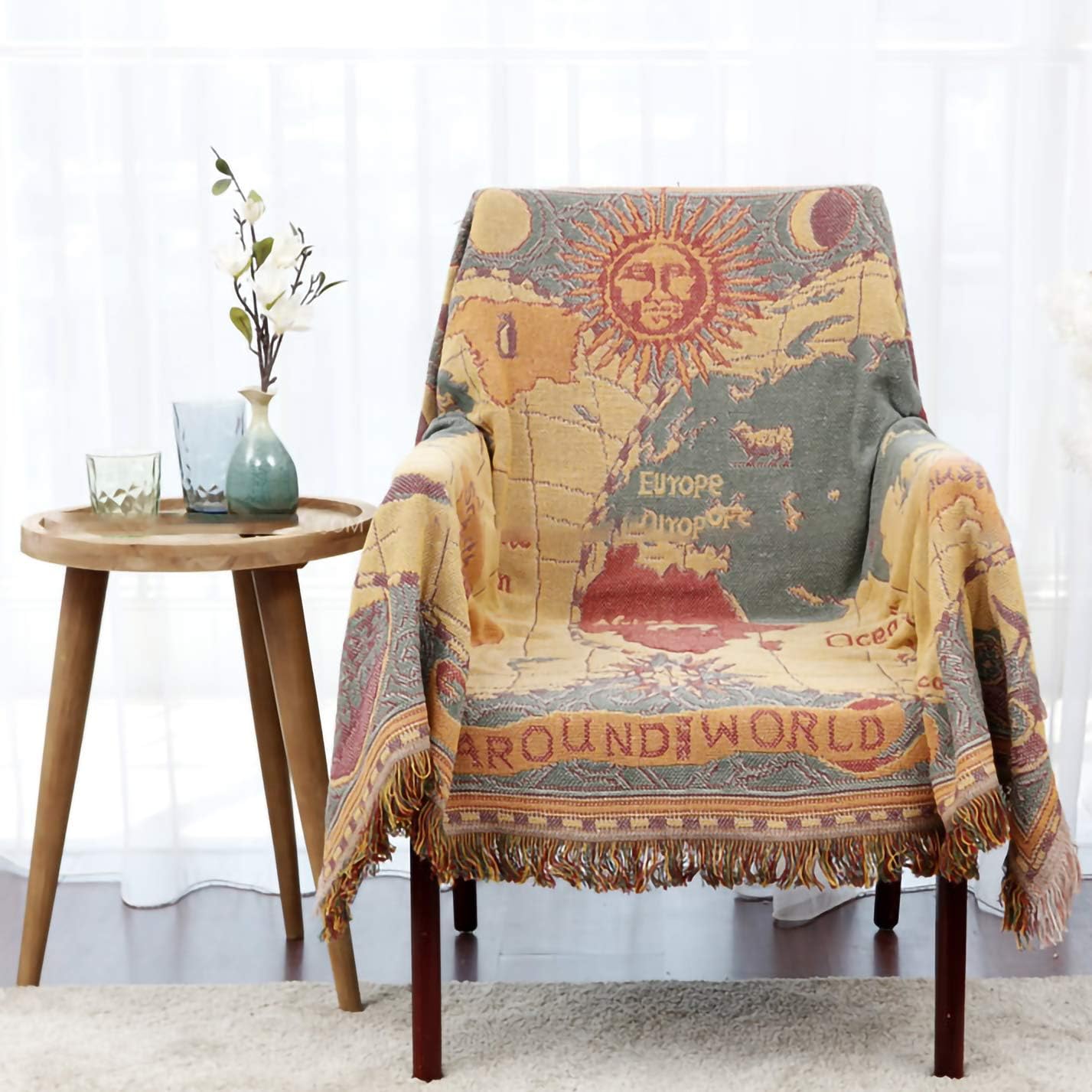 World Map Throw Blanket Reversible Hippie Bohemian Vintage Yellow Red Knitted Large Fringed Cotton Woven Tapestry Colorful Boho Fantasy Rug Sofa Loveseat Chair Recliner Couch Cover (S: 51x71)