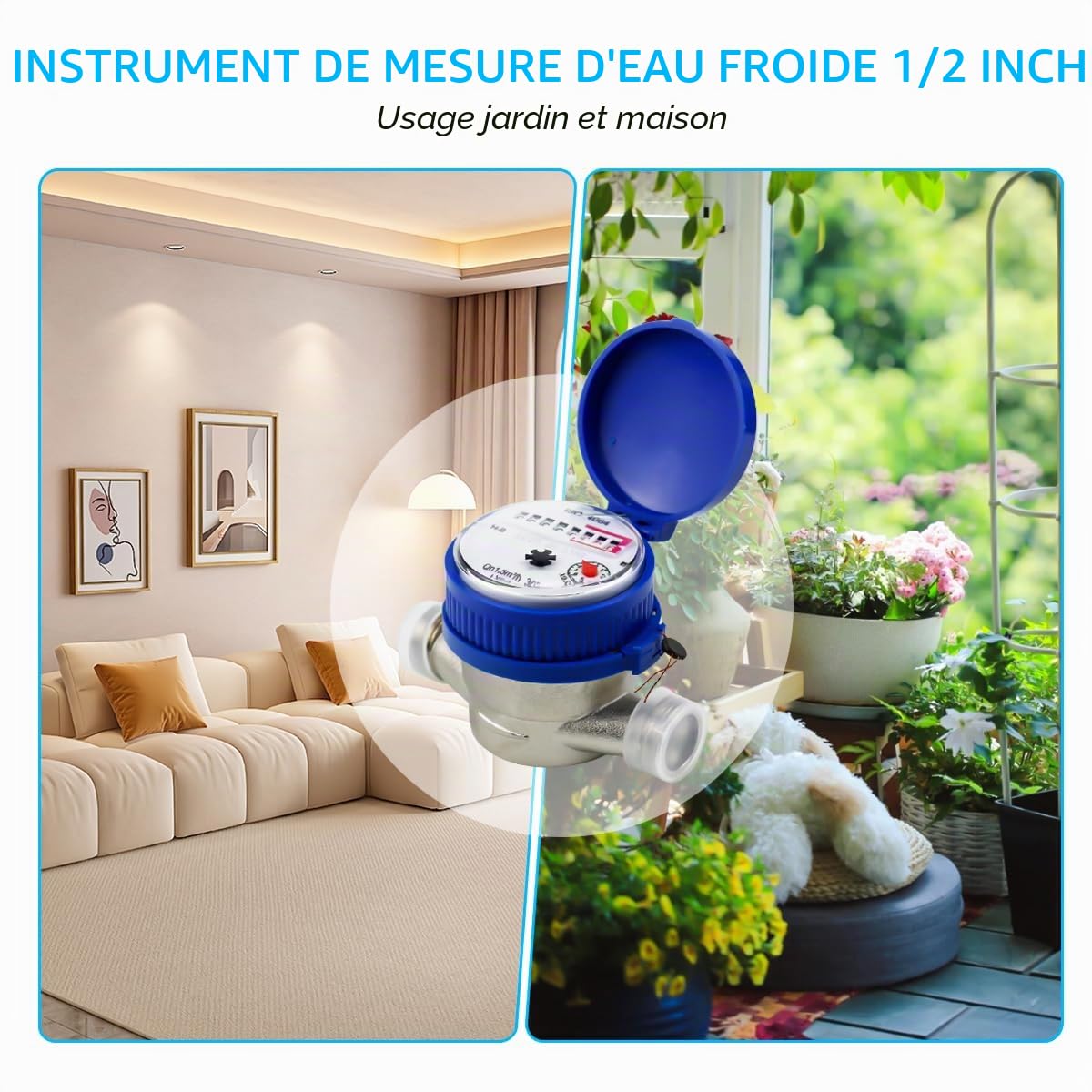 Compteur d'eau de jardin 1/2", horloge à eau froide calibrée, compteur de robinet avec accessoires de montage et couvercle de protection,pour usage domestique, jardin, 0-40℃ 1,5 m³/h