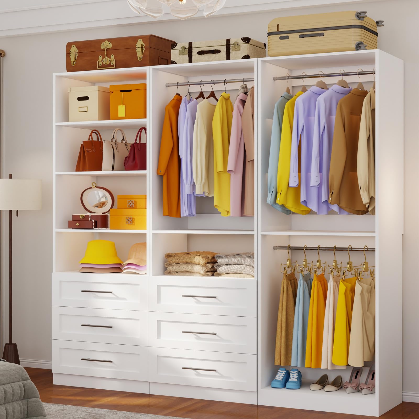 Closet System with 6 Drawers, 6–15.78FT Custom Closet Organizer System with 5 Shelves, 6 Expandable Hanging Rods, Walk in Modular Closet System, Heavy Duty Built-in Closet, 3 Sets