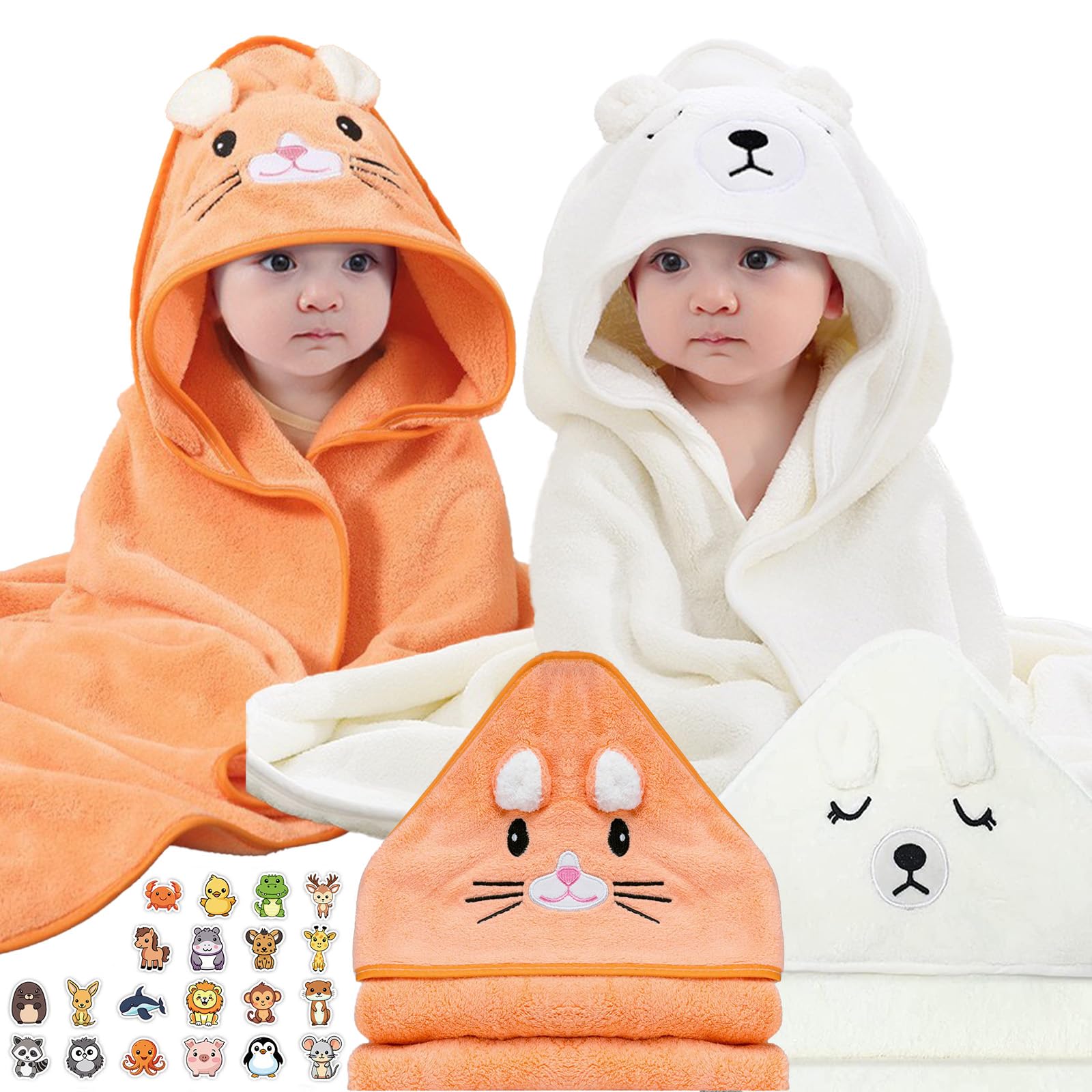 ZenyTra Set of 2 Baby Hooded Towels 80 x 80 cm Soft Bath Towels & Hug with Bear Kitten Design for Baby Swimming Bathing at Home & as a Gift for Birth (White & Orange